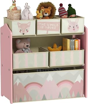 ZONEKIZ Kids Storage Unit with 6 Fabric Bins Bedroom 63 x 30 x 66cm Pink