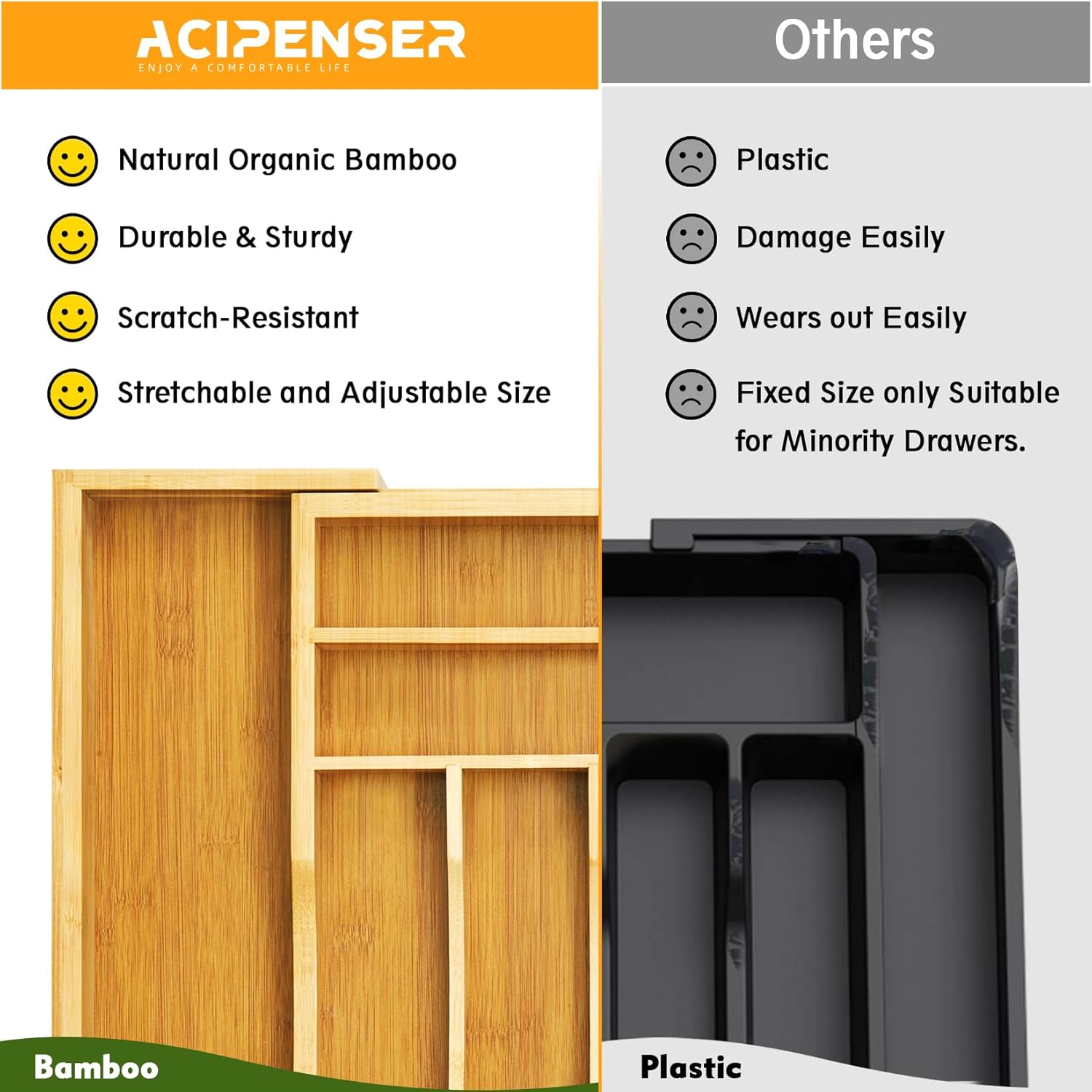 Bamboo Kitchen Drawer Organizer, Expandable Cutlery Tray Utensil Organizer with Grooved Silverware Drawer for Flatware Silverware in Kitchen 8 Slot, Natural, 11.6"-18.9"W, 14.96"H, 1.97"D