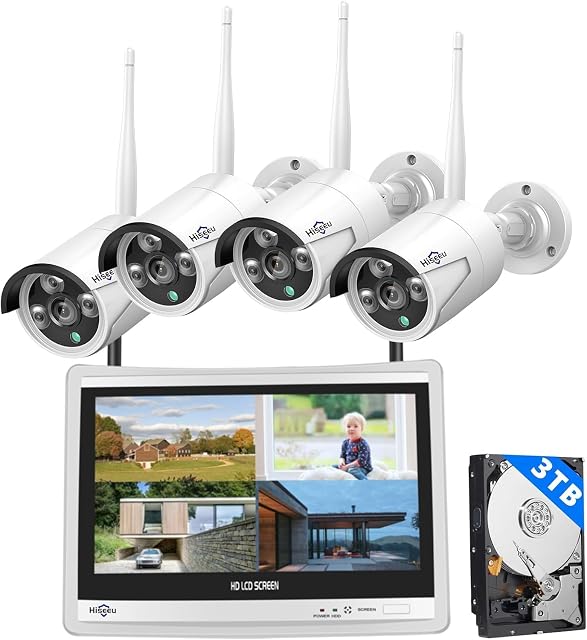 Hiseeu Système de caméras de sécurité sans fil avec moniteur de 12', 3TB HDD, 2.4G/5G WiFi, Caméras de bullet, Surveillance tout-en-un à domicile, Vision nocturne, Détection de mouvements, Aucun frais mensuel