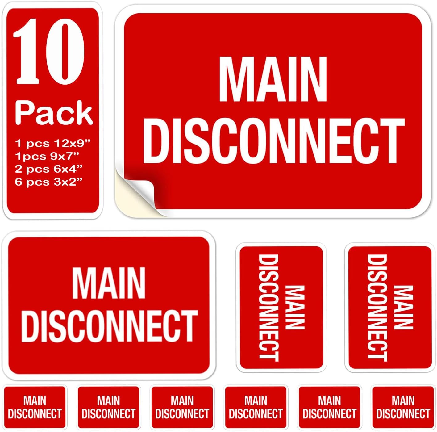 Assorted 10 Pack Main Disconnect Sticker Electrical Service Label Notice Emergency Sign Symbol Decal Marker Vinyl 12x9 9x12 9x7 7x9 6x4 4x6 3x2 2x3 10.7 3.5 inches Vinyl Waterproof