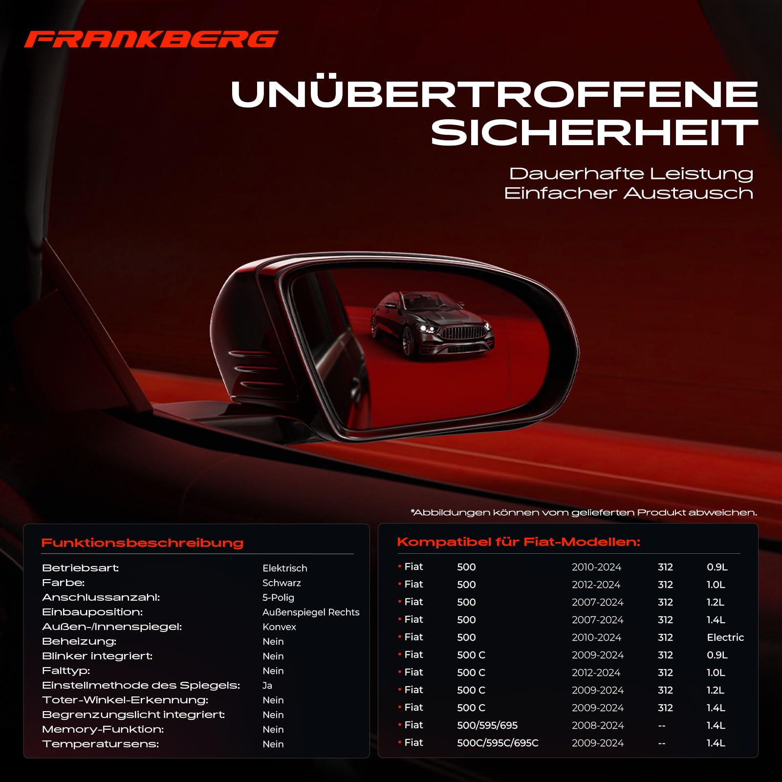 Frankberg Aussenspiegel Außenspiegel 71740497 Kompatibel mit Fiat 500