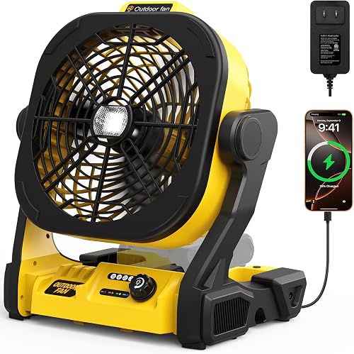 Battery Operated Fan for Dewalt 20V Max battery, Portable Fan with USB A/C Charging & AC Adapter & LED Lights, 4 Speeds & Hook, Cordless/Camping/Battery Powered fan, for Outdoor Jobsite (No Battery)