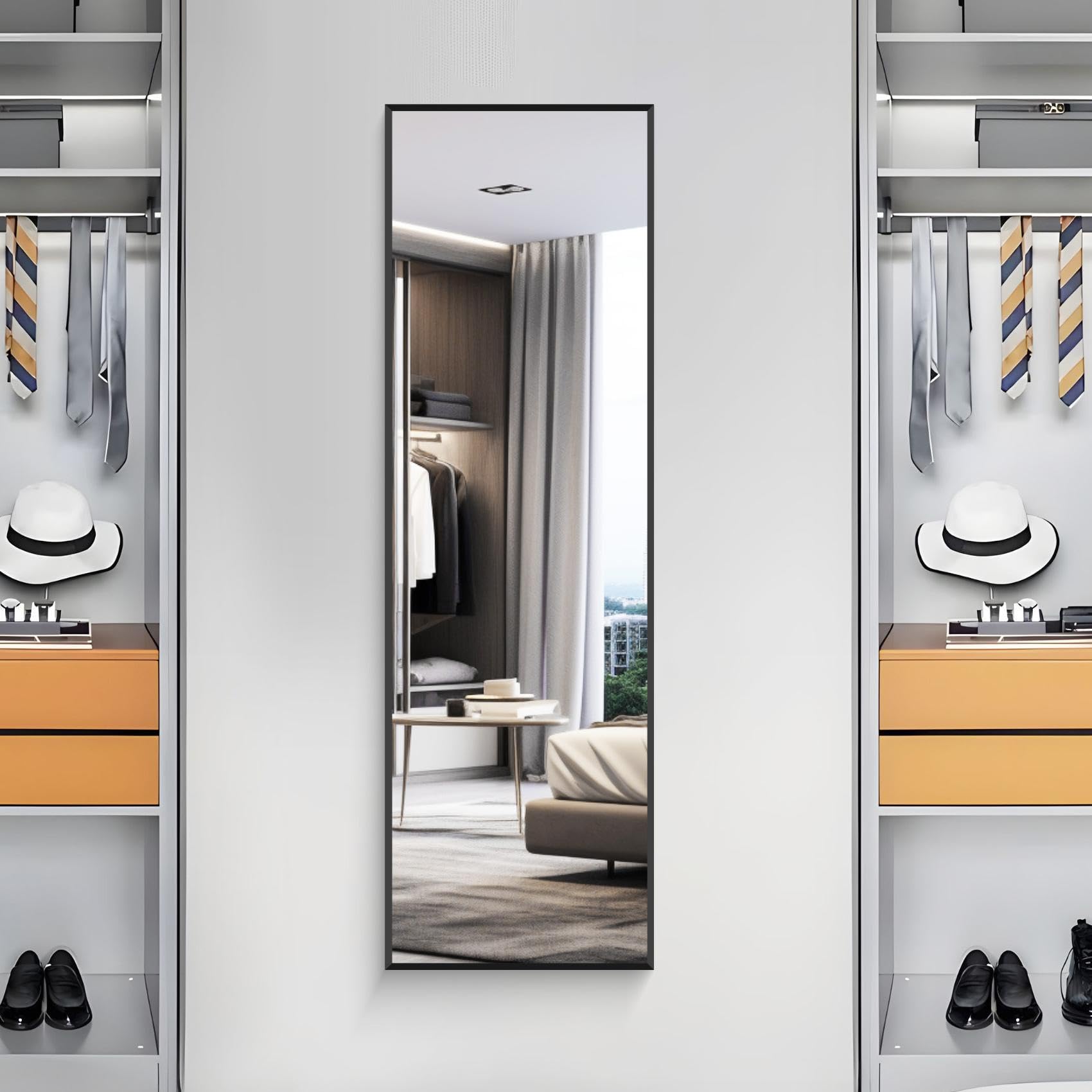 Specchio da Terra, 147 x 44 cm Specchio Rettangolare con Cornice in Alluminio Nero per Bagno, Camera da Letto, Ingresso e Corridoio