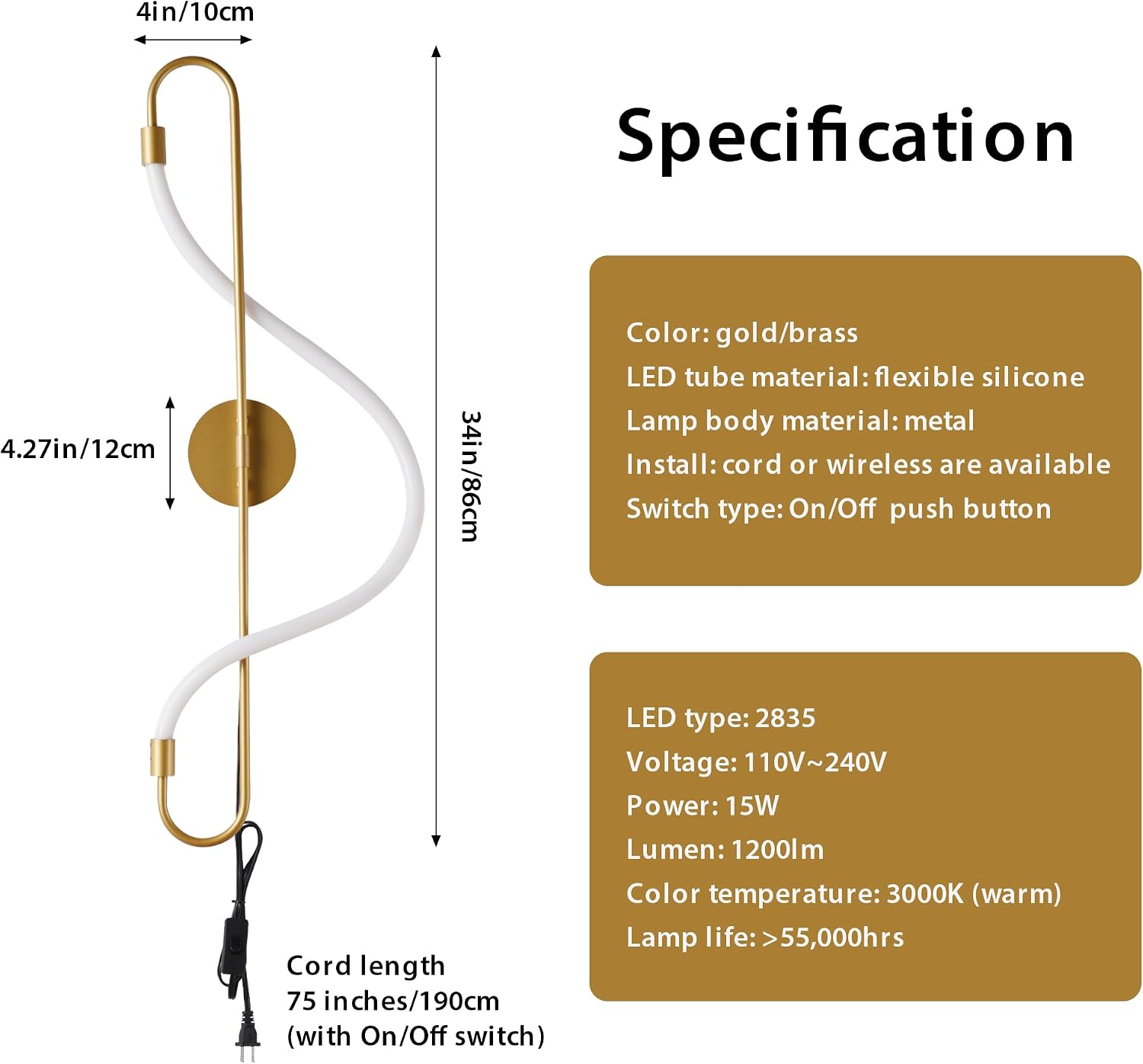 Modern LED Plug in Wall Sconces, 15W 1200LM 3000K Plug-in/Cordless Wall Light Fixtures for Bedroom and Living Room, White Flexible Silicone LED Tube Wall Mount Reading Lamp, Gold Left