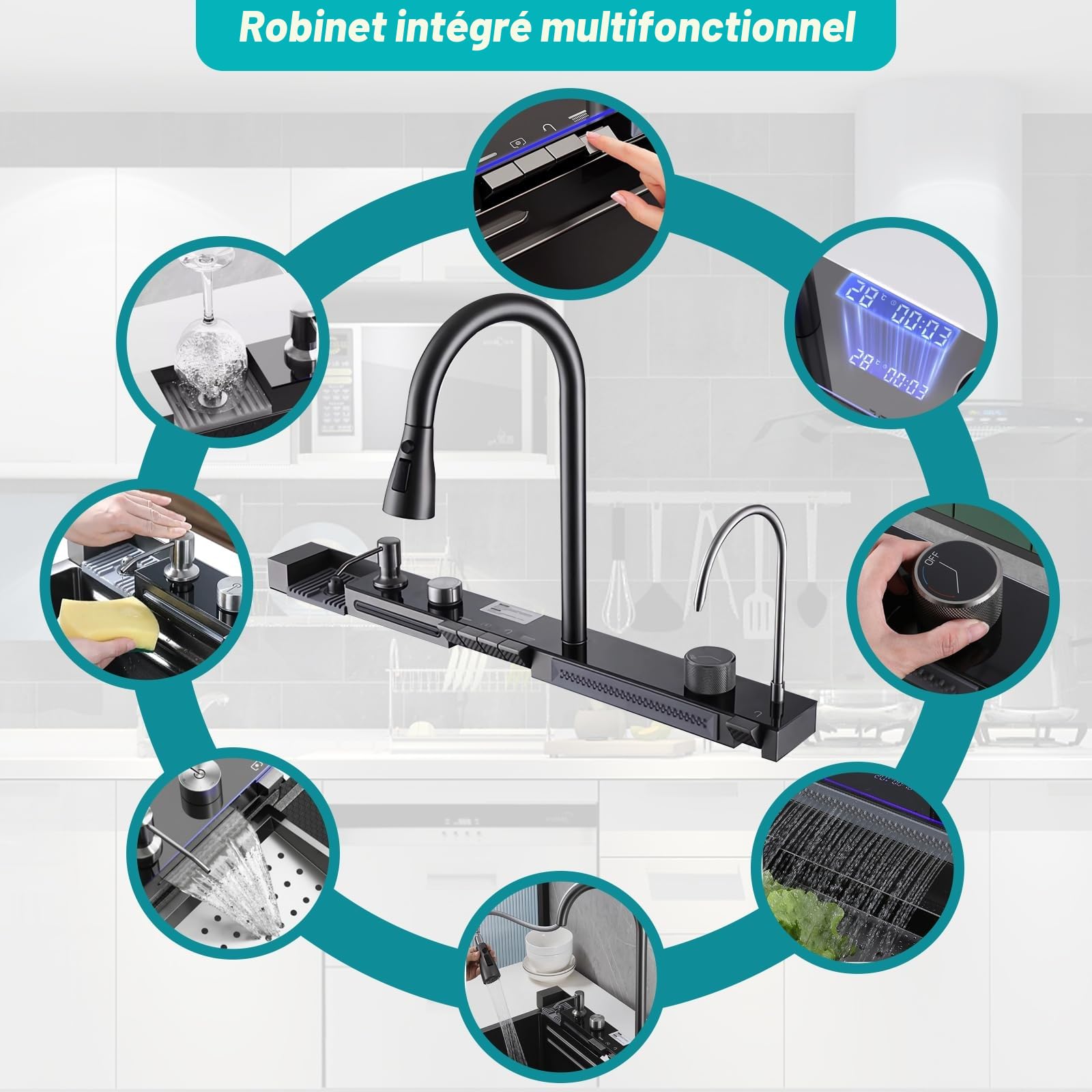 Évier de cuisine en acier inoxydable T304, en cascade, encastré, avec robinet numérique multifonctionnel, divers accessoires (75 x 45 cm)