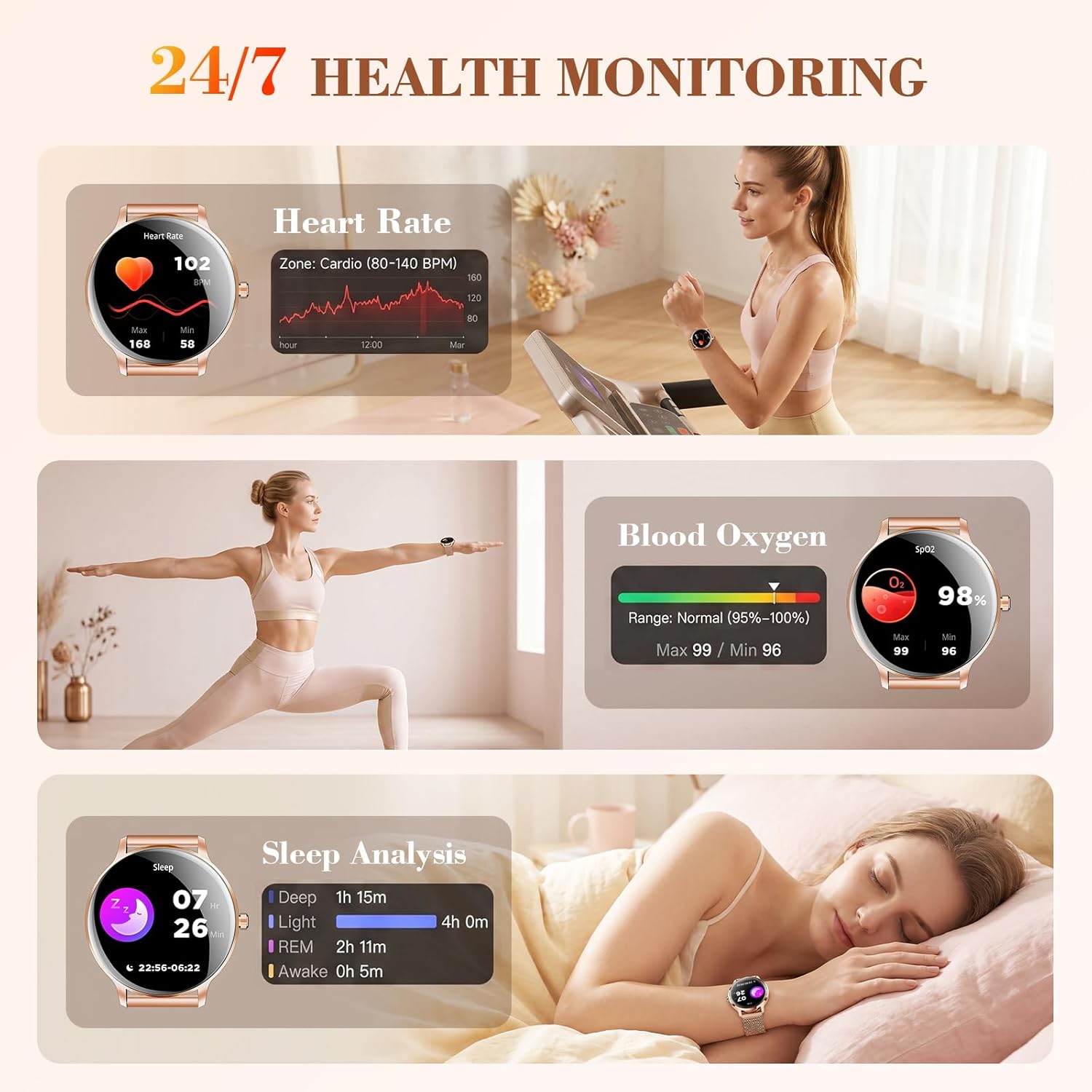 WalkerFit Smart Watch for Women iPhone & Android, 1.32" AMOLED Curved Screen Fitness Tracker with Bluetooth Call, Wireless Charging, IP68 Waterproof, Heart Rate/Sleep Monitor/123+ Modes Champagne Gold