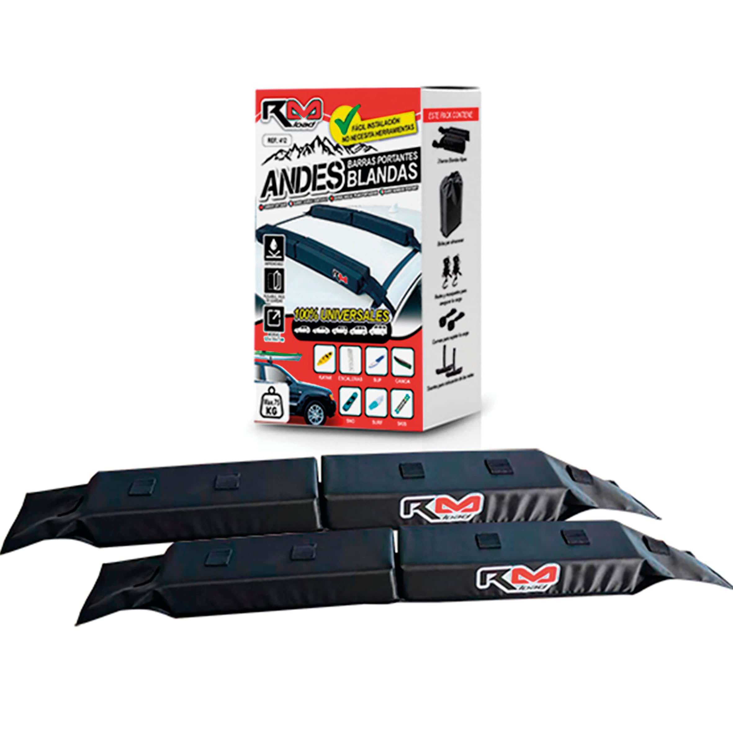 Baca Coche Universal Blanda, Barras de Techo Suaves con Correas, 2 módulos 125 x 18 x 7 cm con Tejido Antideslizante, Montaje sin Herramientas