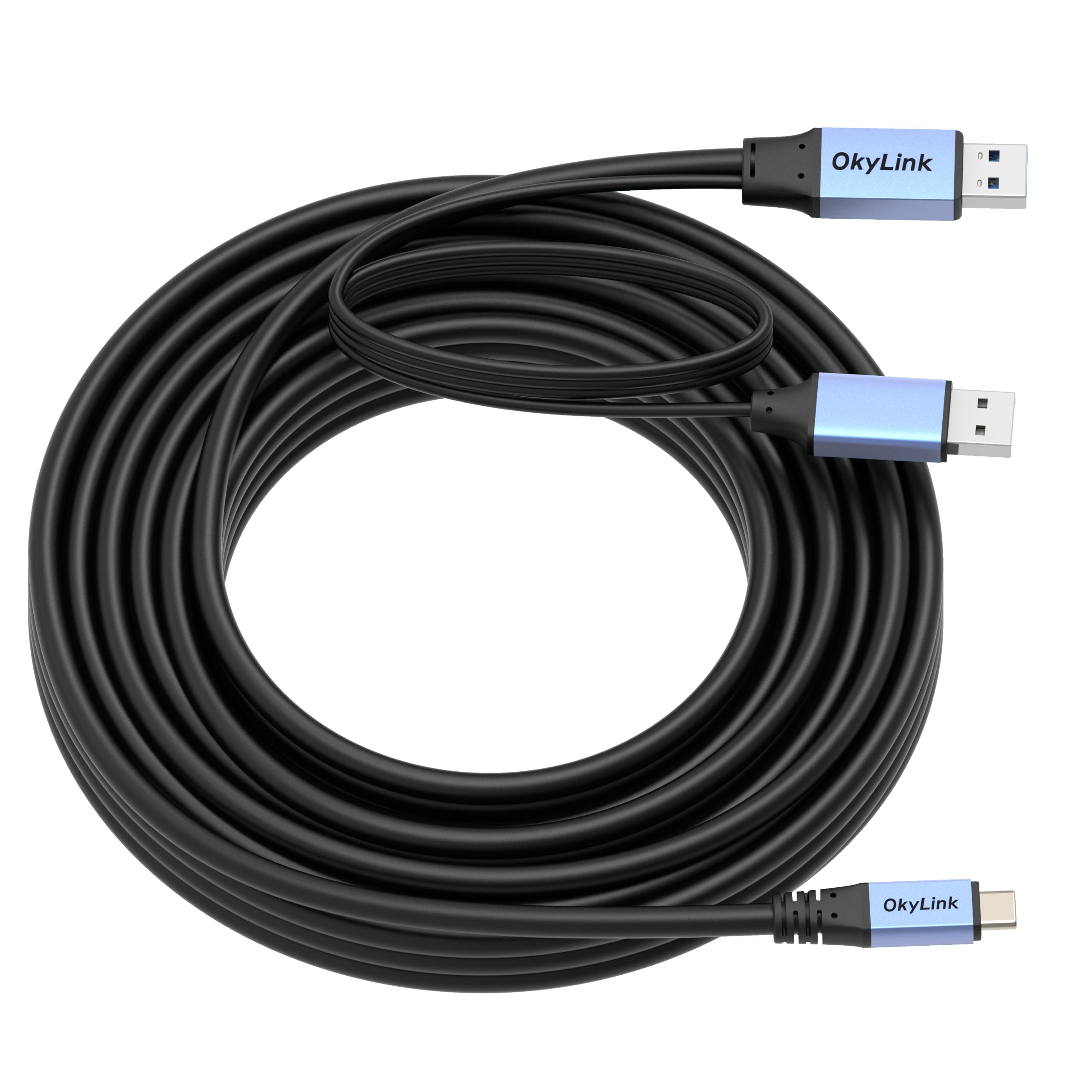 OkyLink Cable USB 3.2 Gen1 A a USB C – Transferencia de datos de alcance ultra largo de 5 Gbps, chip amplificador integrado y cable de alimentación, perfecto para equipos industriales, VR e impresoras