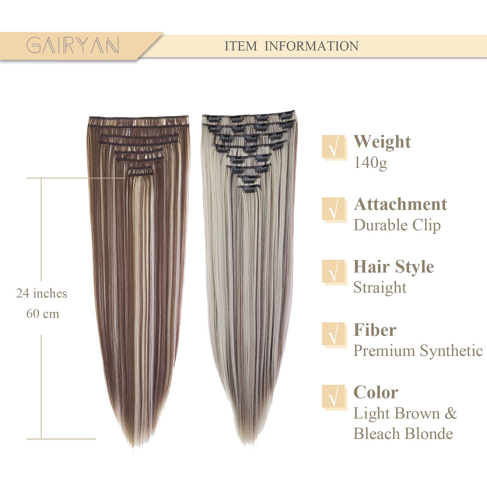 Gairyan 24" Clip in Hair Extensions Long Straight Hair Extension Blonde Hightlight 8PCS Full Head Set Synthetic Hair piece for Women (Light Brown & Bleach Blonde) - Image 2