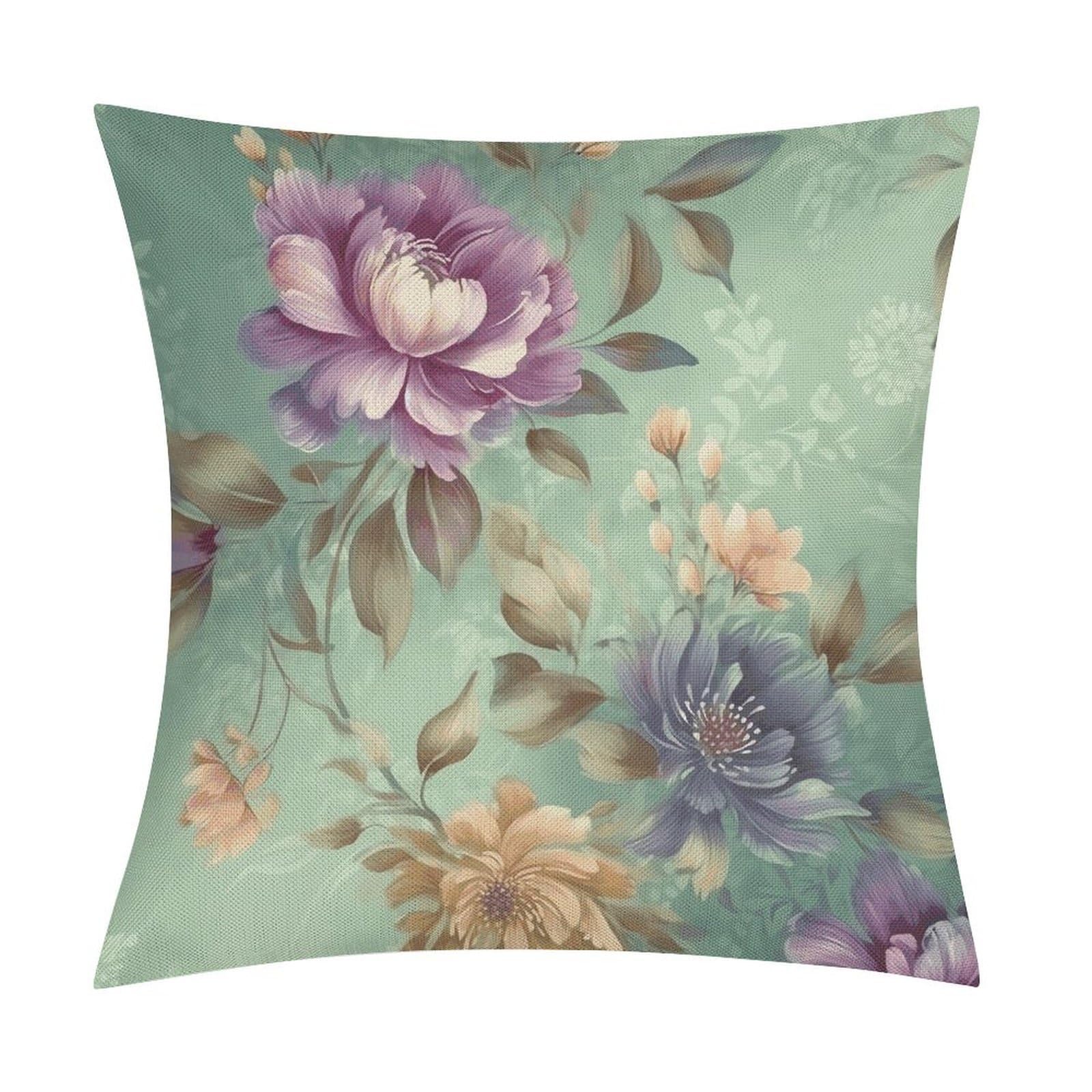 Fodpand Style Flowers On Green Background Pillow Covers 18X18 Inch, Pillow Cases Boho Farmhouse, Throw Pillow Covers For Couch Sofa Bed Spring Home Decor