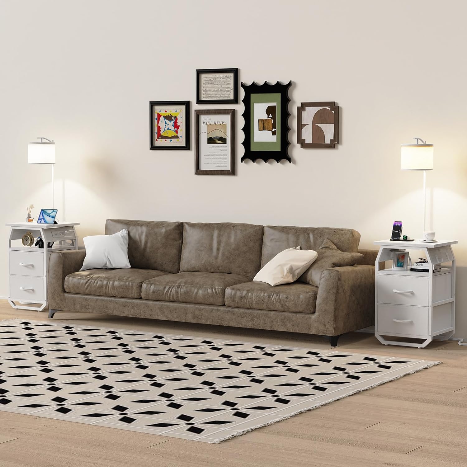 runjuly Floor Lamp with Table, End Tables with Lamps Attached 3-Color Temperature Bulb, Side Table with Lamp with 2 Drawers & Charging, Lamps Tables Combo for Bedroom, Dorm, Apartment - White