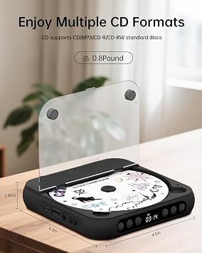 ENVYCLOUD CD Player Portable with Dual Stereo Speakers, Rechargeable Portable CD Player with Bluetooth for Home with Headphones,Black