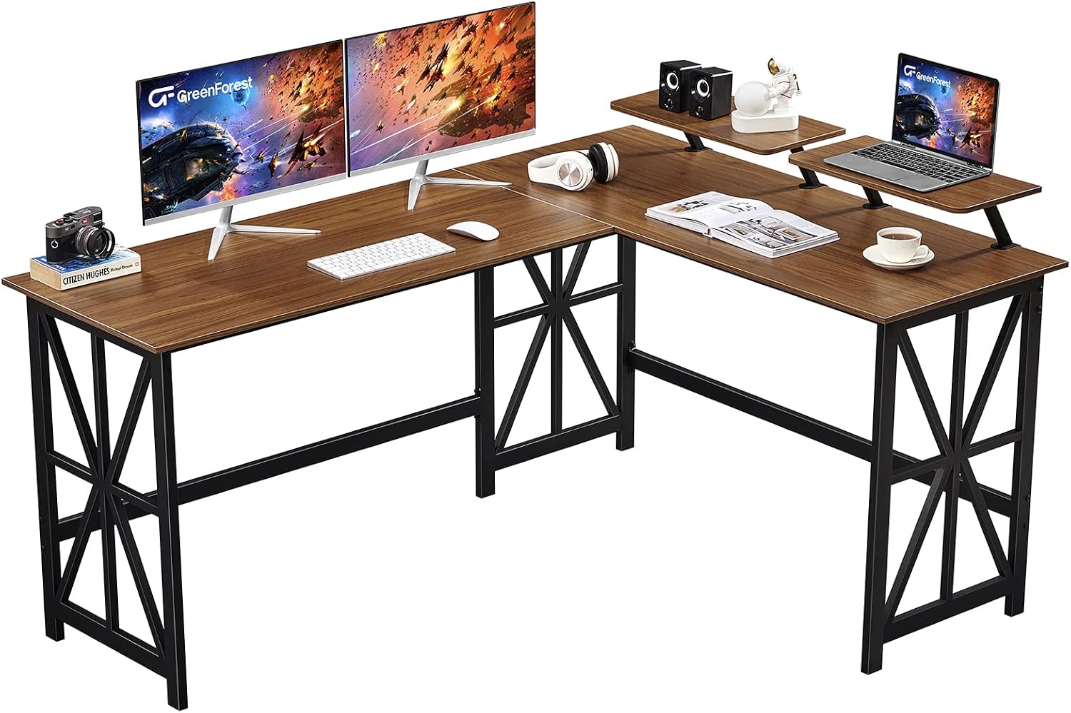 GreenForest L Shaped Desk with two monitors and accessories