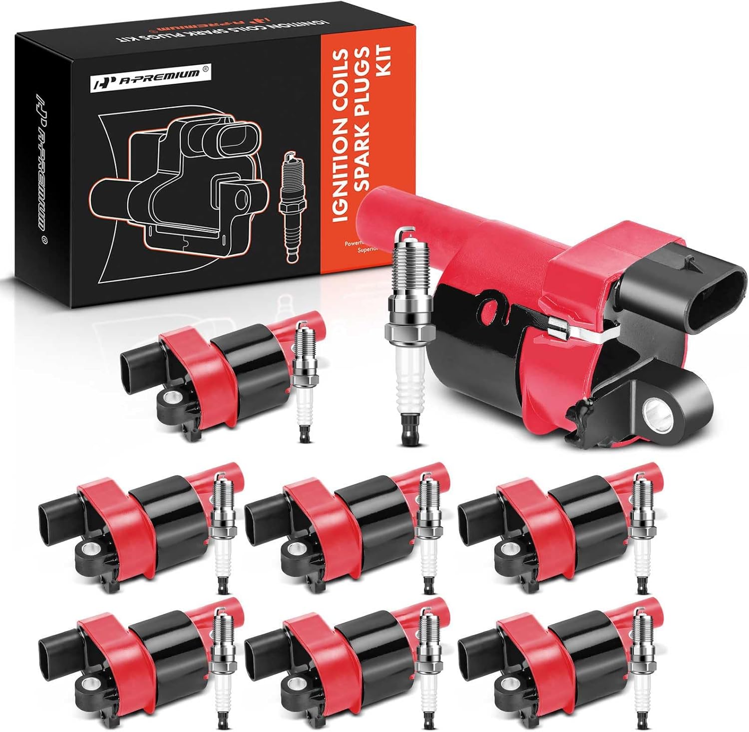 A-Premium Set of 8 (Red) Ignition Coil Pack and Iridium Spark Plugs Compatible with GMC Sierra 2007-2013, Yukon 2007-2014, Savana 2008-2019 & Cadillac Escalade 2009-2016