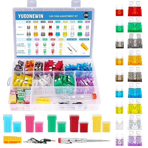 Kit surtido de fusibles para automóvil, 292 piezas de fusibles estándar y mini cuchilla, fusibles en forma de caja Jcase de perfil altoSTD y bajo