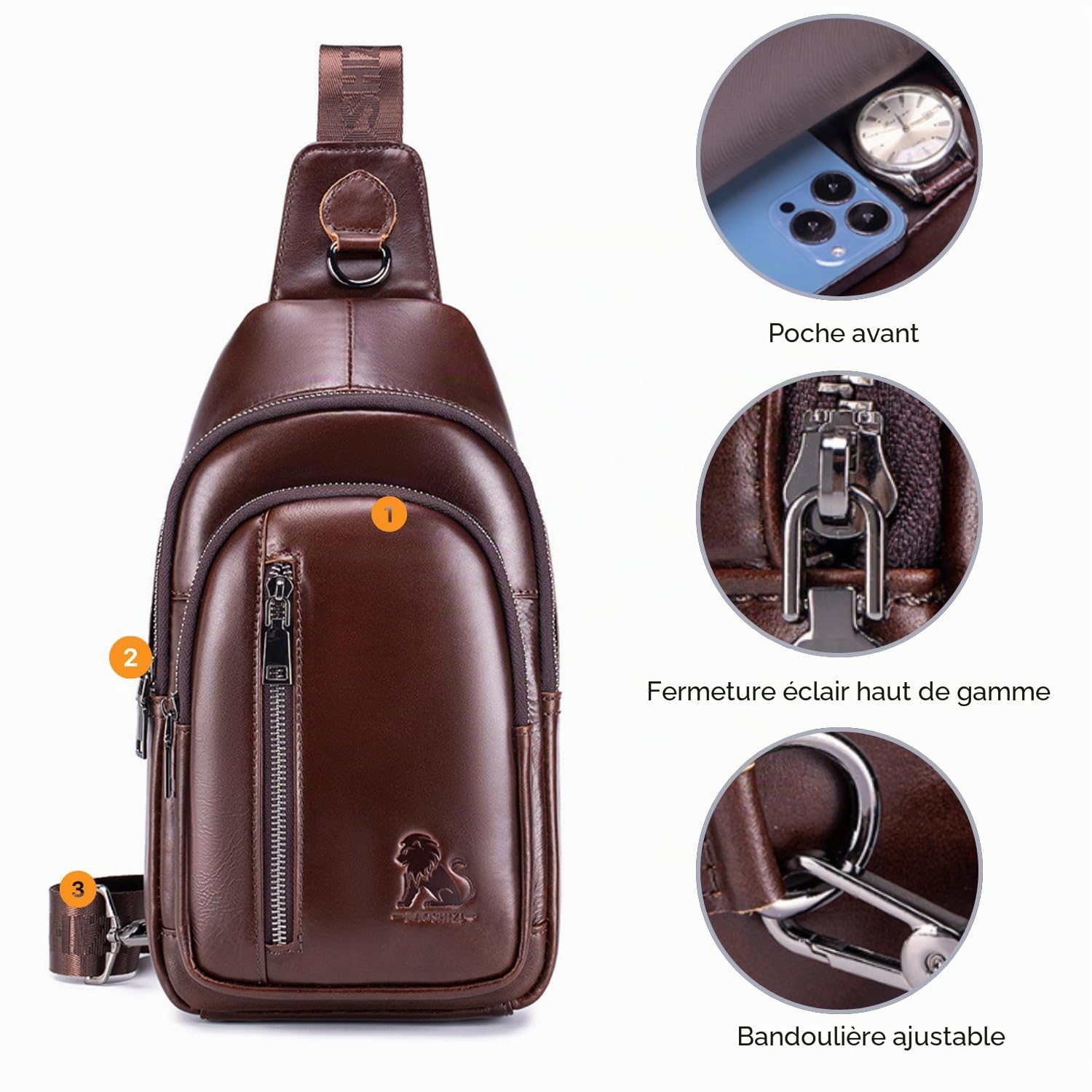 Sacoche Homme Bandoulière Cuir Sac Bandouliere Homme Sac à Dos Poitrine Pochettes Sport Affaires Voyage
