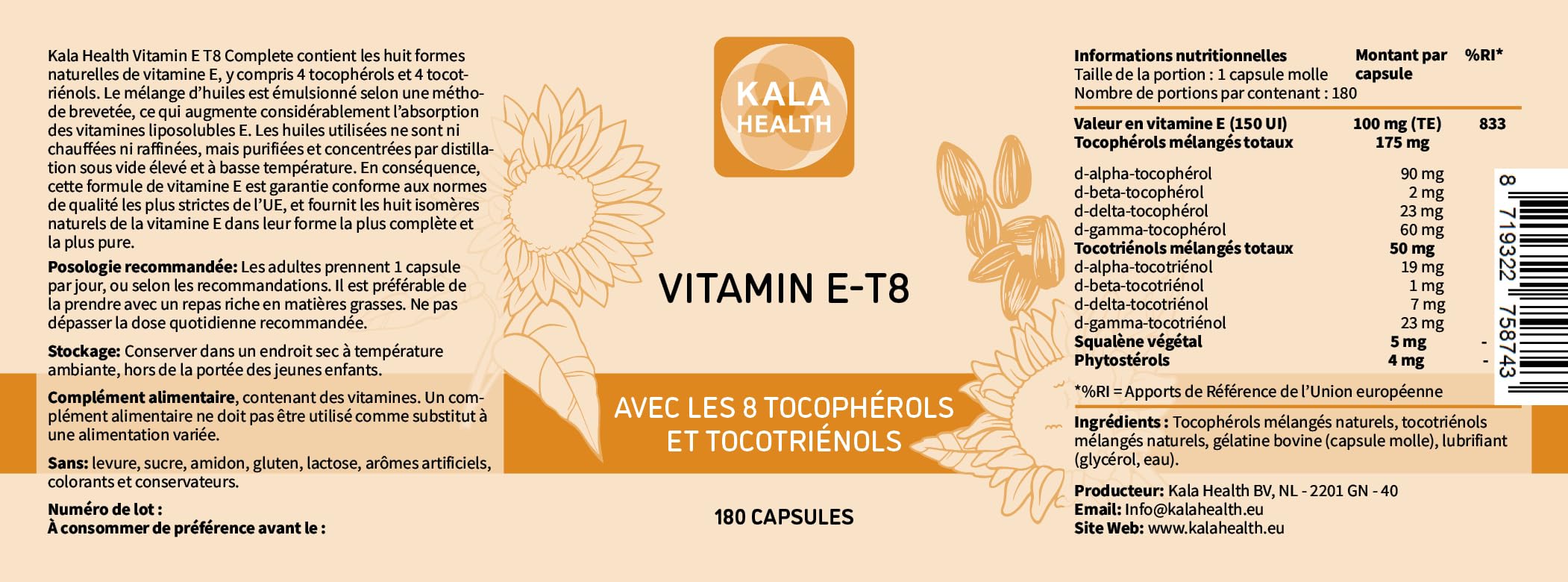 Kala Health Formule Unique avec les 8 tocophérols et tocotriénols de la vitamine E - sans HAP, métaux lourds, contaminants ni conservateurs - Certifié Durable - Cheveux, Cicatrices et Peau (180)