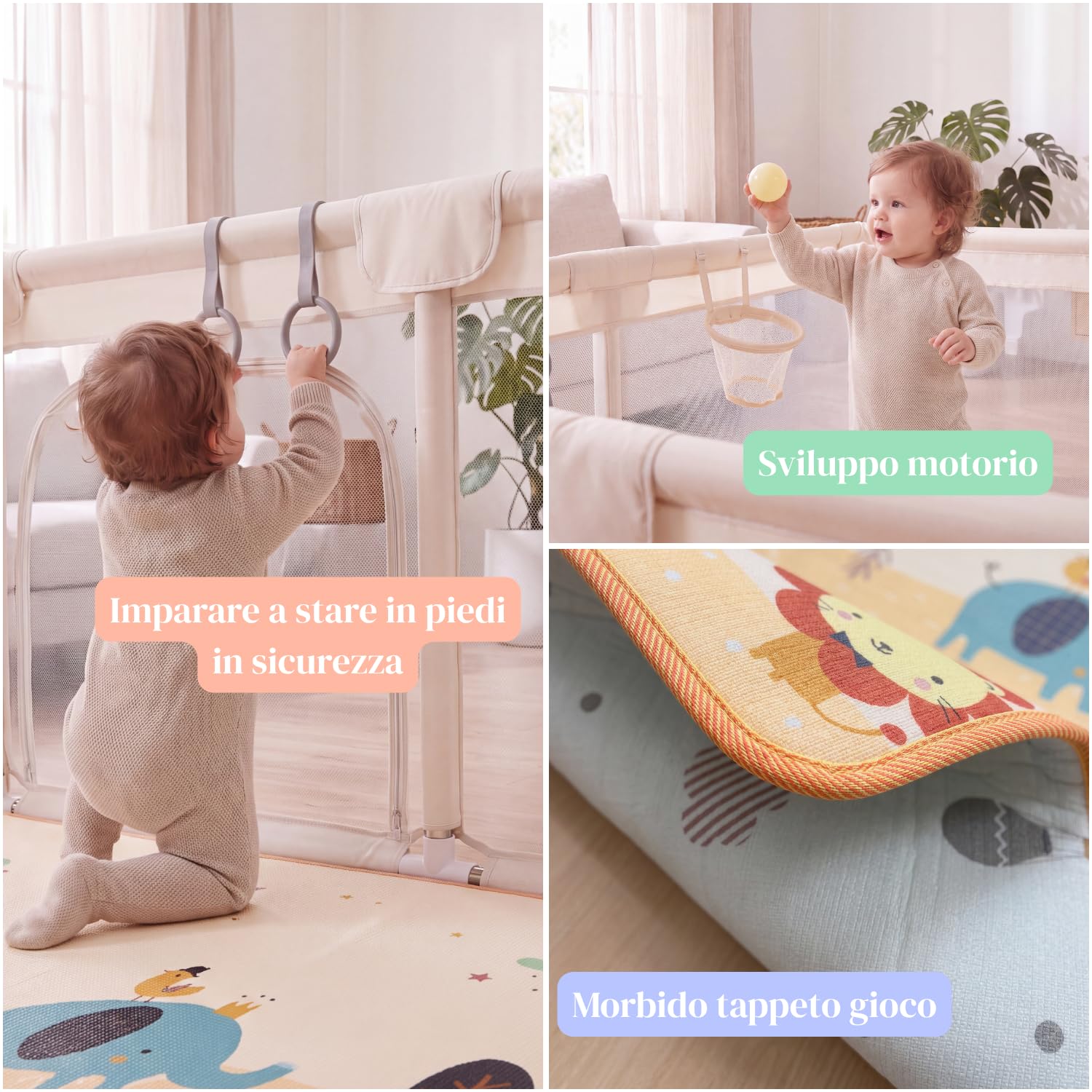 NUANUA Box Bambini XXL 150x180 cm - Recinto Neonato con Tappeto - Beige | Smontabile con materassino, palline, cesto e maniglie - piscina di palline per interno ed esterno - per bimbi 0-36 mesi