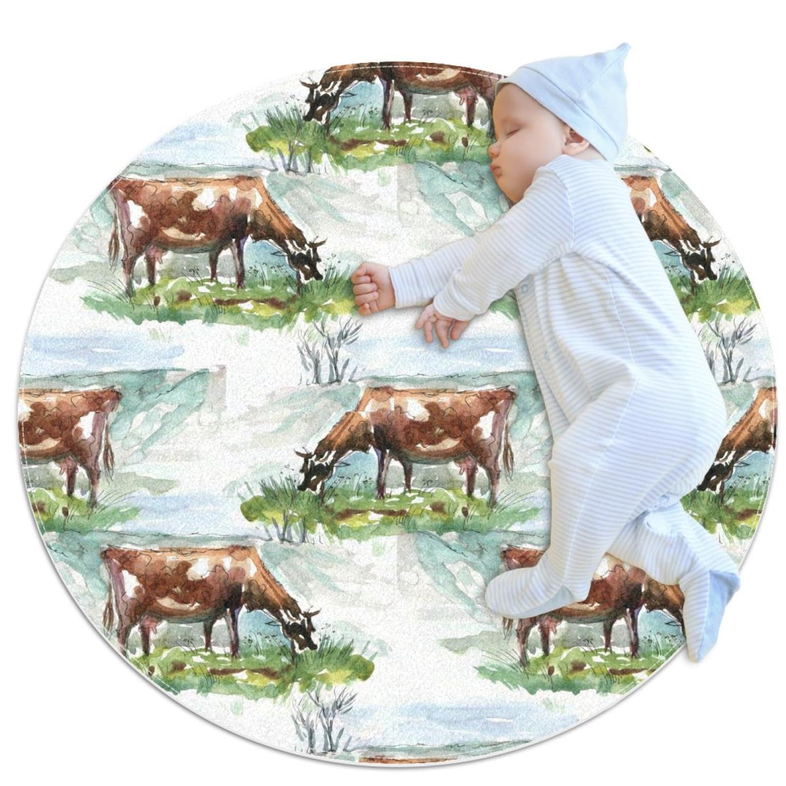 Tapis de douche antidérapant rond motif vache aquarelle pour chambre enfant