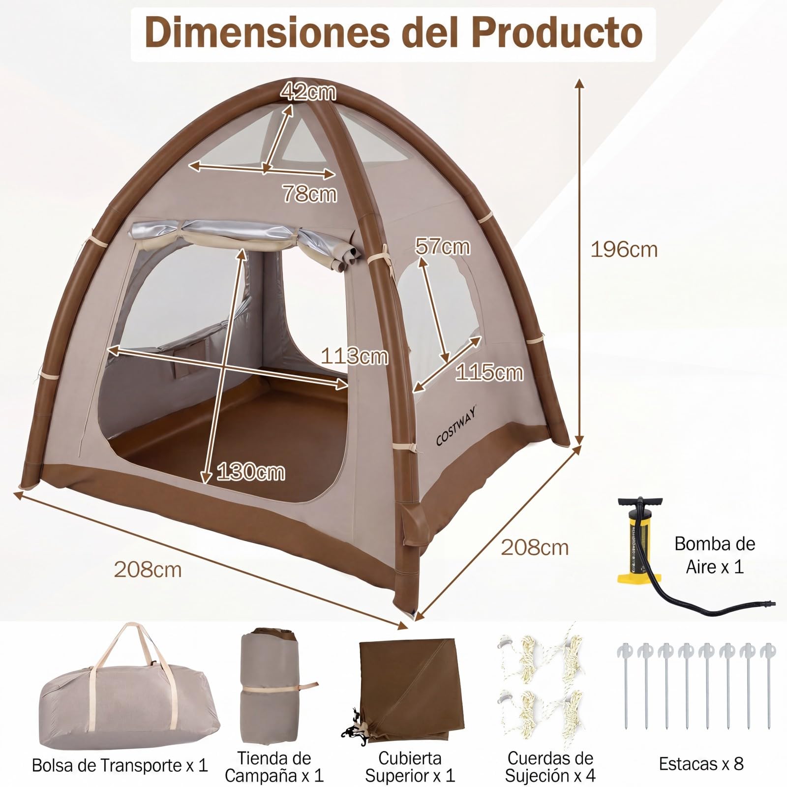 COSTWAY Tienda de Campaña para 2-4 Persona, Tienda de Campaña Hinchable con Bomba de Aire, Puertas y Ventanas de Malla, Estacas y Cuerdas de Sujeción, Bolsa de Transporte, 208 x 208 x 196 cm