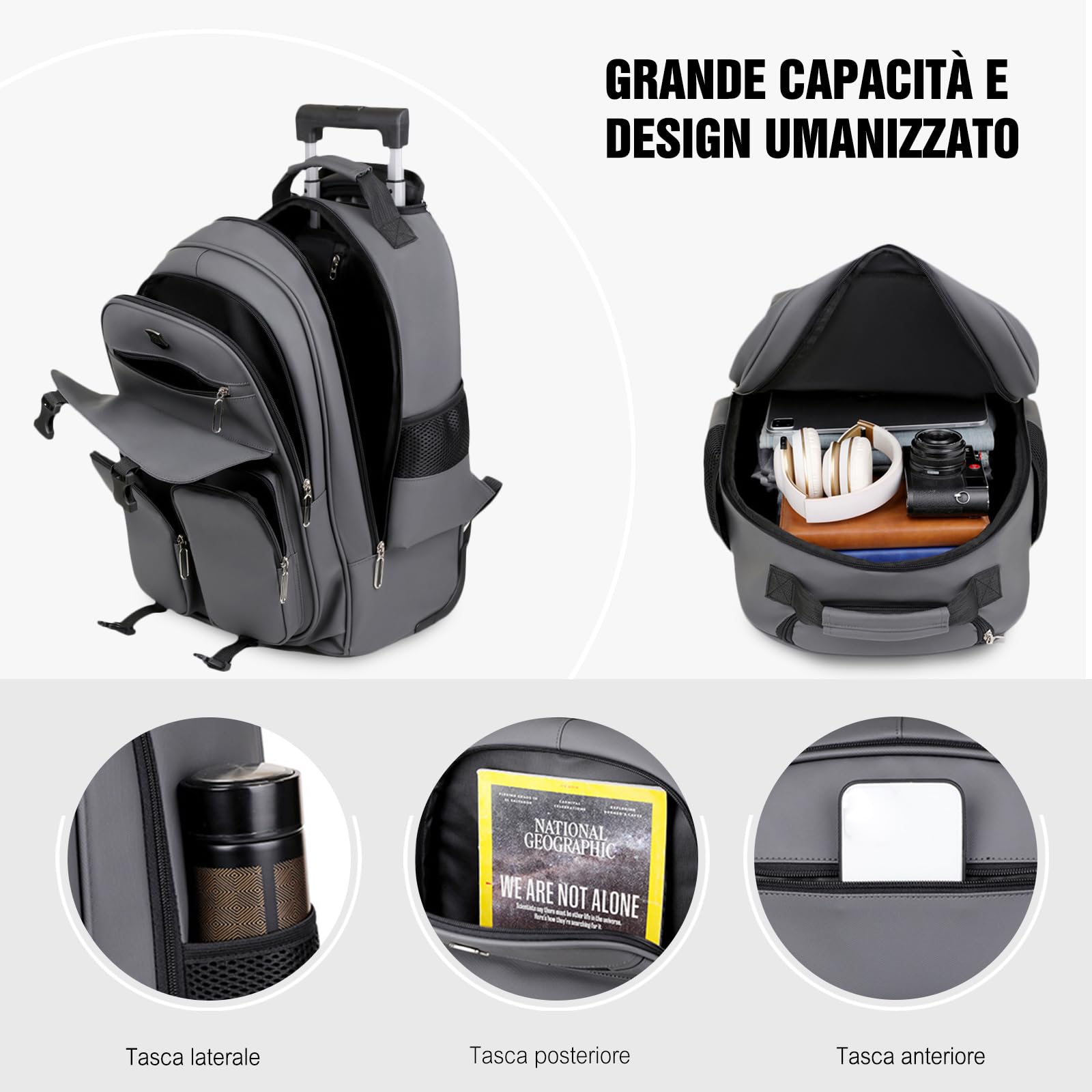 FANDARE Zaino Trolley per PC Portatile da 15.6 pollici Borsa per Insegnante con Ruote Uomo Rolling Rucksack Zainetto Pellicola in PU Zaini Borse da ufficio giorno Bagaglio a Mano Viaggio Affari