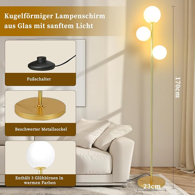 YuveSeqin arany állólámpa távirányítóval, 3 E27 LED izzóval, nappali hálószoba irodai lámpa 170 cm