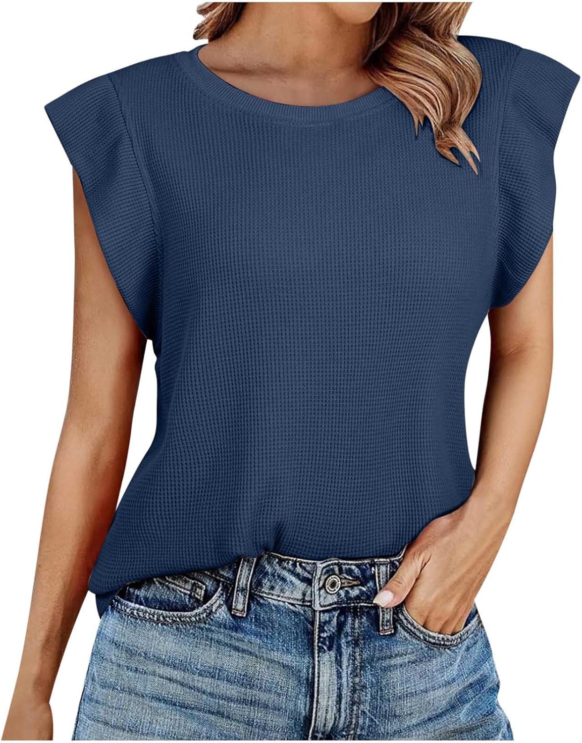 Womens Summer Tops Cap Sleeve Waffle Knit Shirts Loose Fit Round Neck T Shirts Basics Casual Business Work Blouse