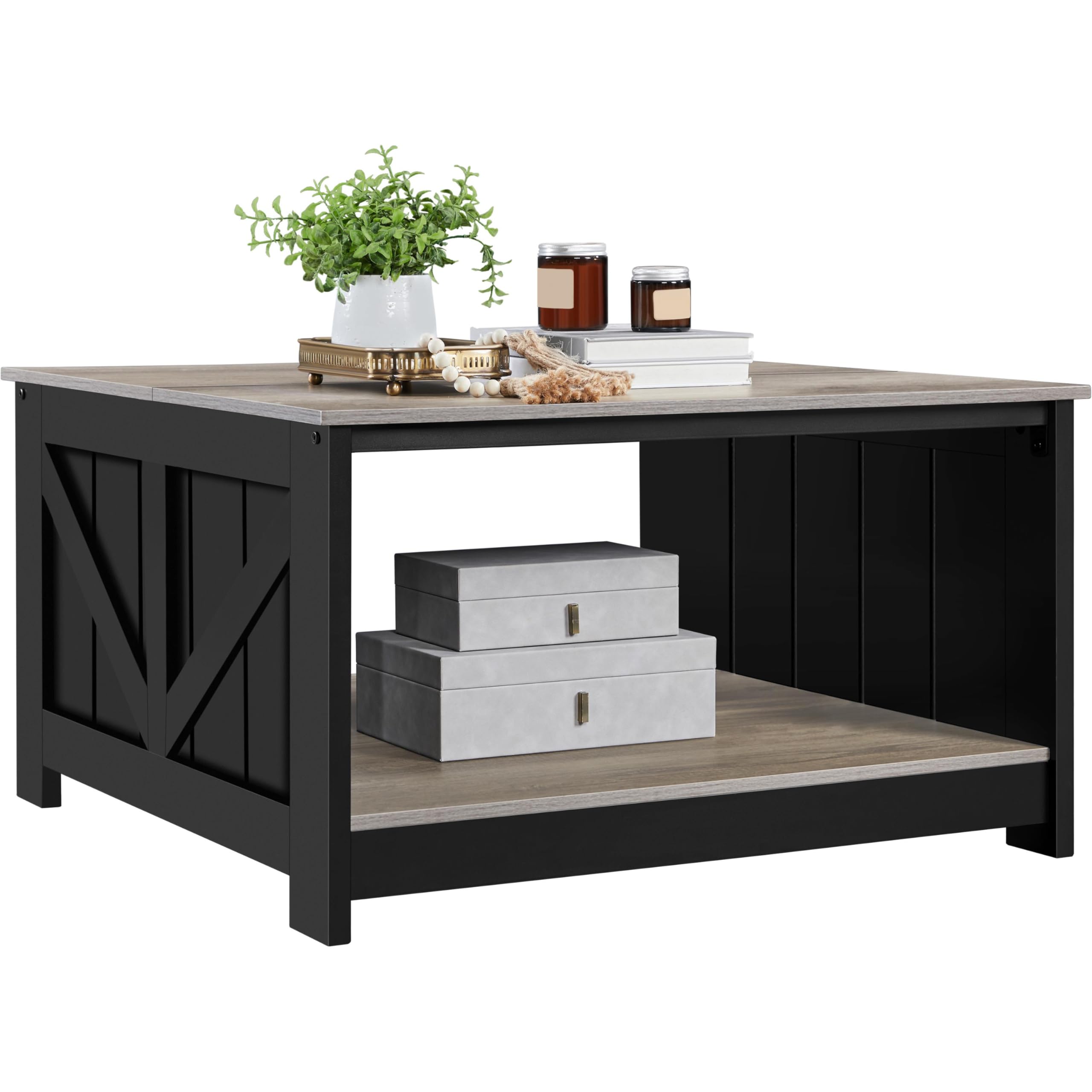 Yaheetech Mesa de Centro con Revistero Mesita Baja Sofá | Mesa de Café de Madera MDF para Salón Sala de Estar Negro Gray 80×80×45 cm