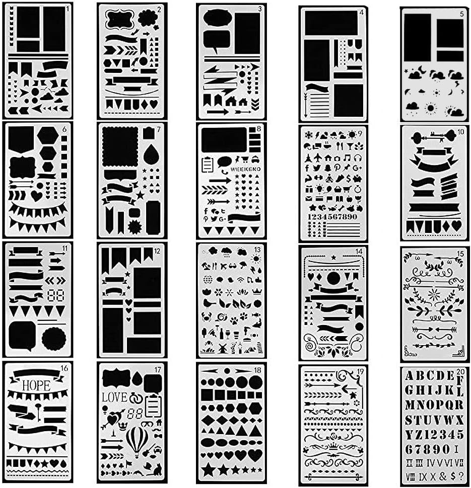 7daysbuy Drawing Stencils Template Kit for Kids Journal/Notebook/Diary/Scrapbook Reusable Set of 20 (4 x 7inch)