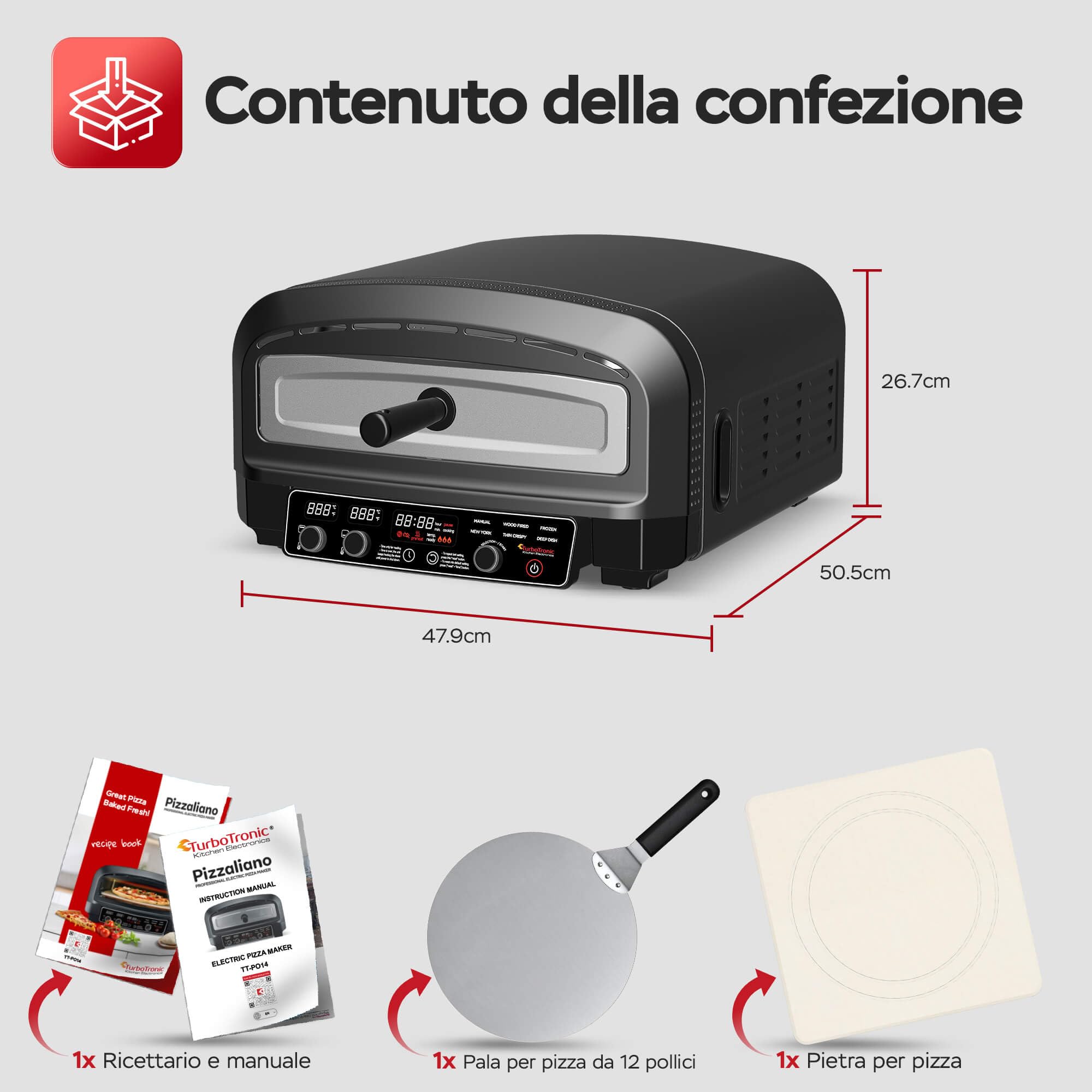 Forno elettrico per pizza fino a 450 °C, pietra interna ed esterna, 2200 W, giardino per casa, piccolo forno, tavolo e fiamme, con pala