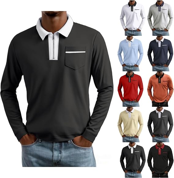 Mens Long Sleeve Polo Shirt Quarter Zip Lapel Golf Shirt Classic Collared Contrast Color Pullover Tops with Pocket