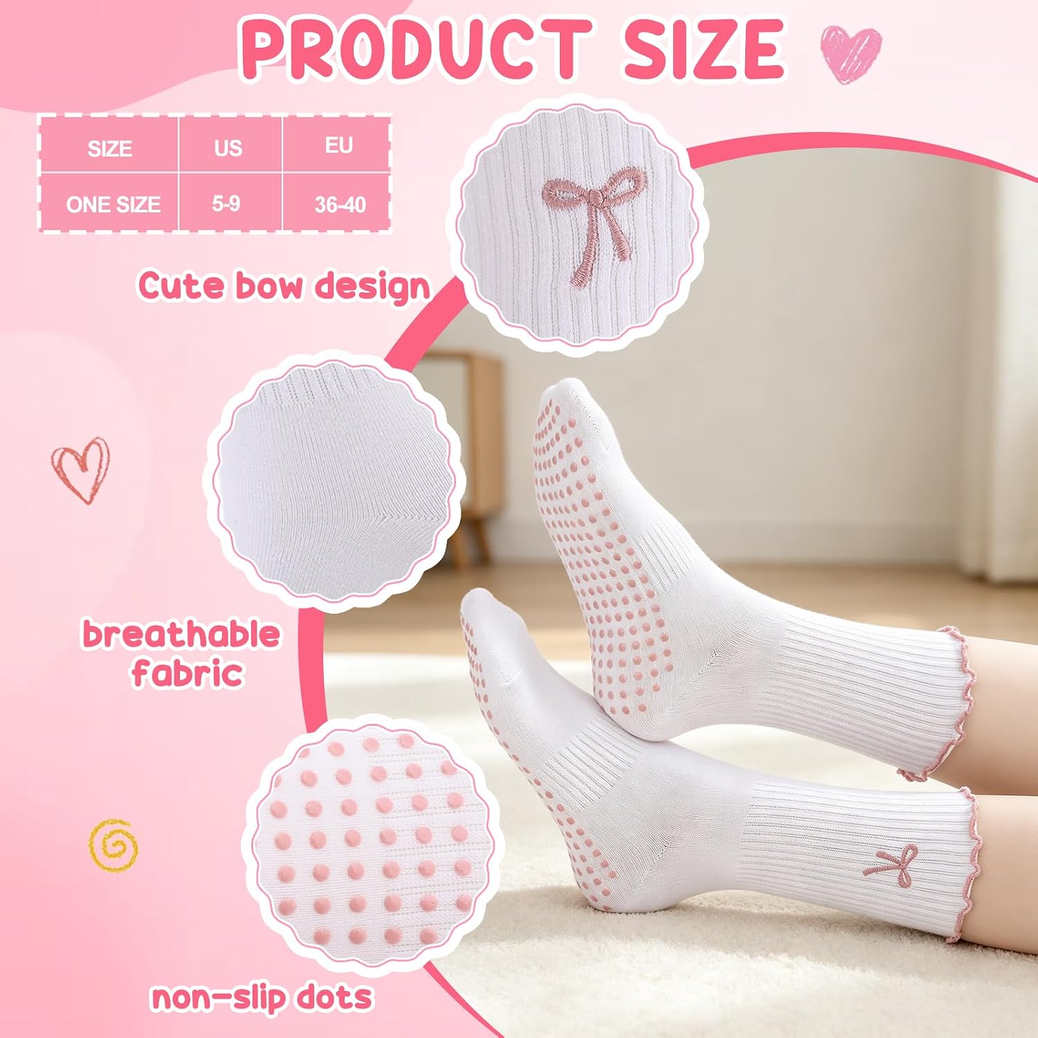 4 Pairs Cute Pilates Socks, Soft Cotton Bow Ruffle Yoga Socks for Women, Grippy Crew Socks for Fitness, Ballet Bar Work & Dance