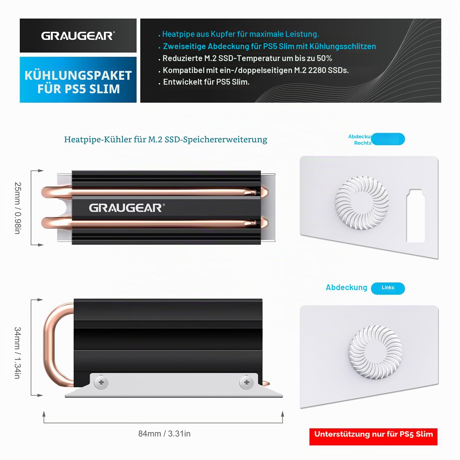 GRAUGEAR M.2 SSD PS5 Konsole Heatpipe Heatsink [PS5 SSD Kühler] NVMe SSD M.2 Kühlkörper für PS5 Slim I Belüftungsabdeckung und Open-Air-Kühlkörper I zwei Seitenabdeckung I für PS5 Speichererweiterung