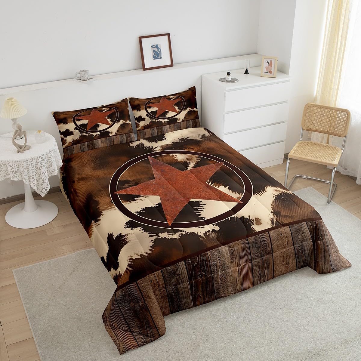 Feelyou Western Decor Comforter Set Queen Size Texas Star Print Comforter Set for Boys Girls Teens Cow Fur Print Bedding Set Cowboy Duvet Set Orange Brown Quilt Set