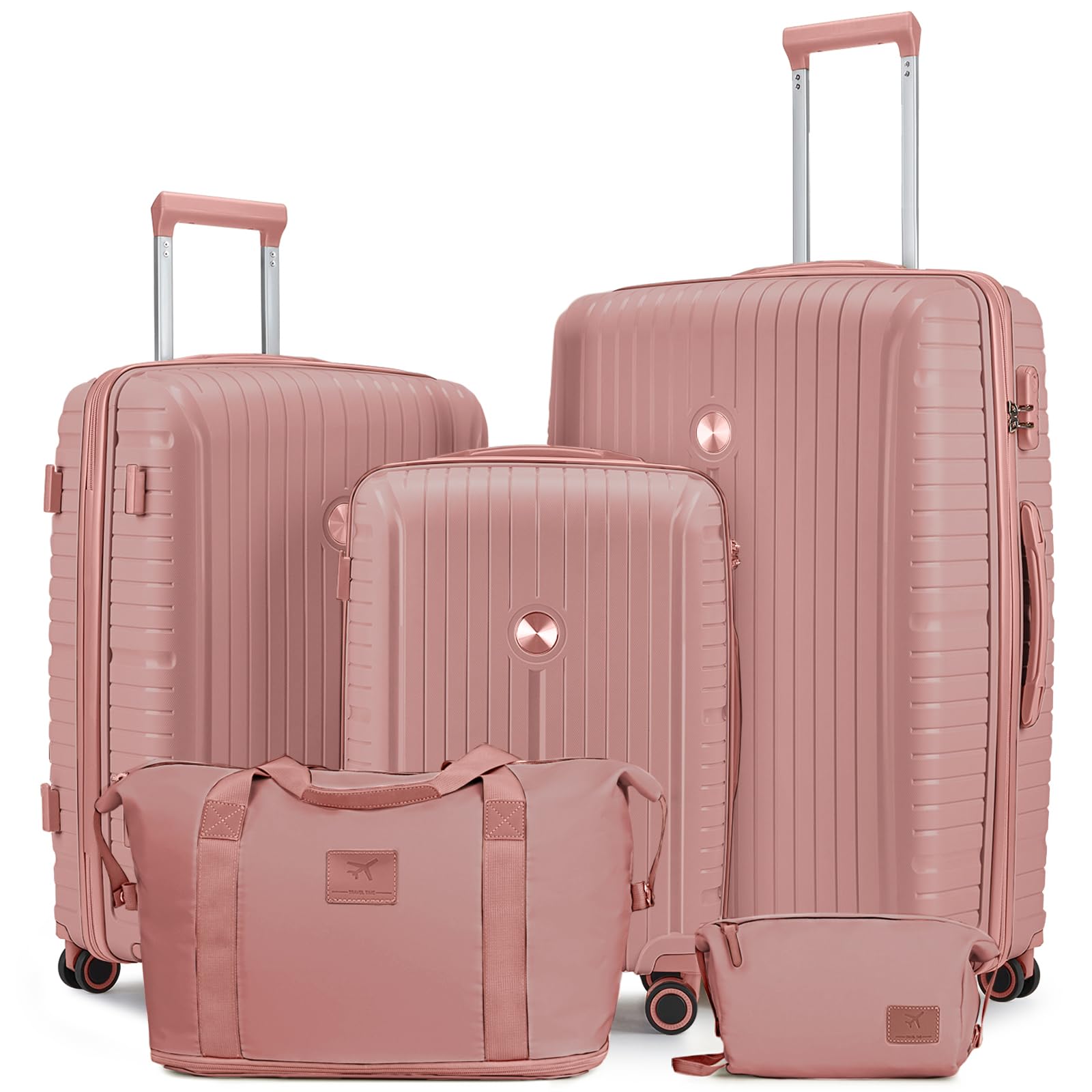 Joyway Luggage Sets 5 Piece Suitcase Set, PP Hardshell Carry on Suitcase Set, Travel Suitcases with Double Spinner Wheels and TSA Lock, Rose Gold