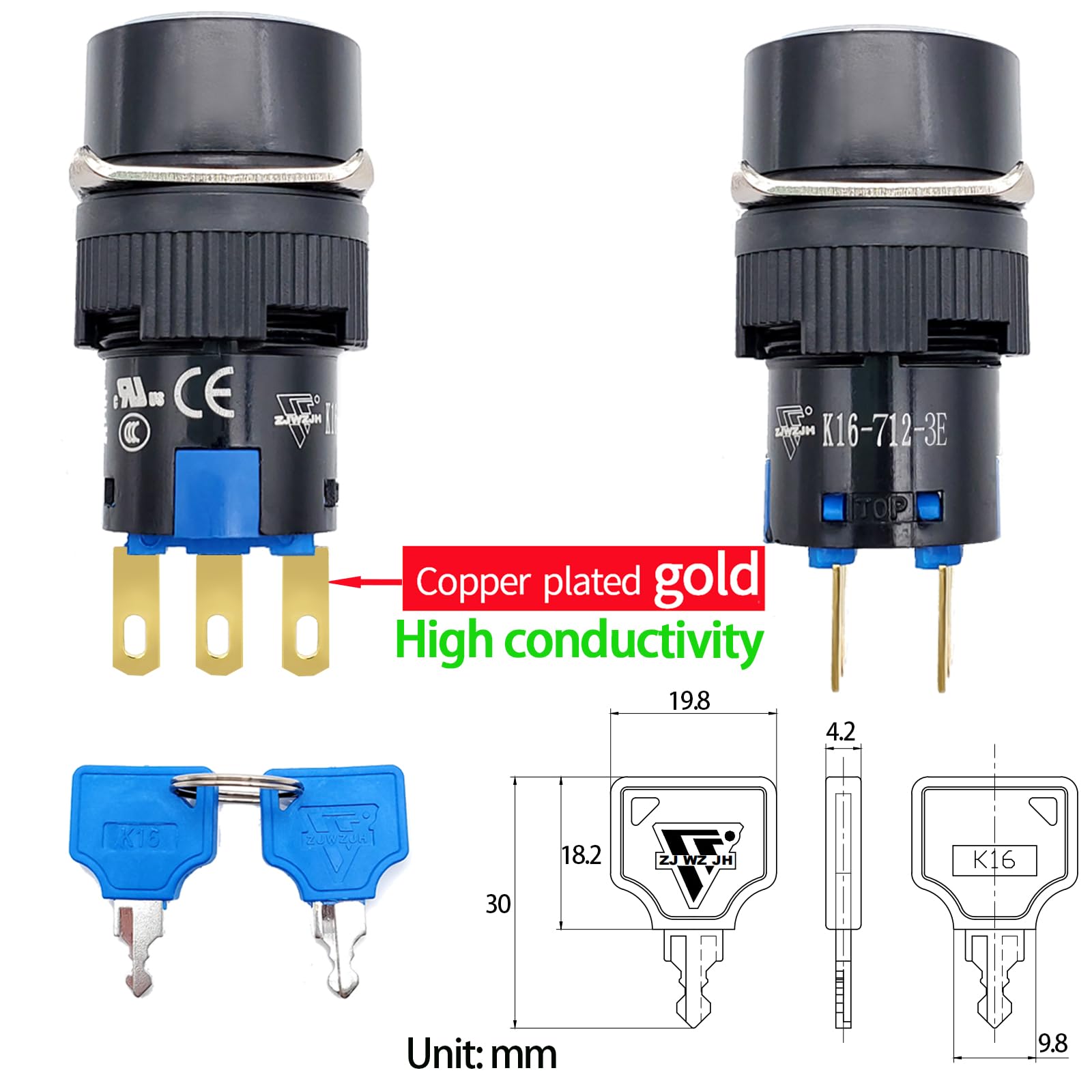 Snapklik.com : UL Listed 16mm 3 Position Key Switch 2NO 2NC 6Pin 5/8 ...