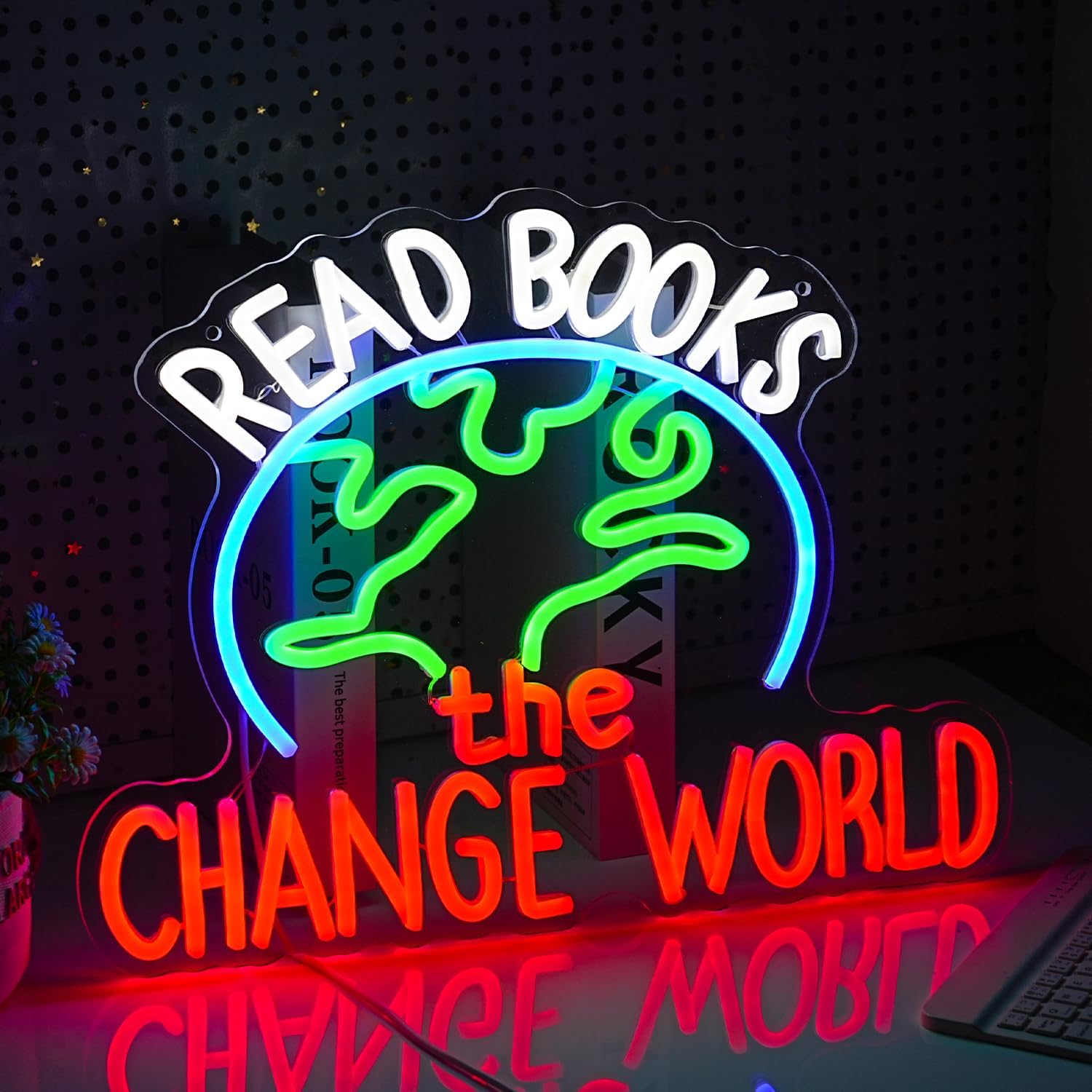 Read Books Change The World Neon Sign World LED Neon Light Powered by USB Dimmable Read Books Light Up Sign for School Classroom Bookstore Library Museum Study Room Wall Decor(16.5 * 12.6In)