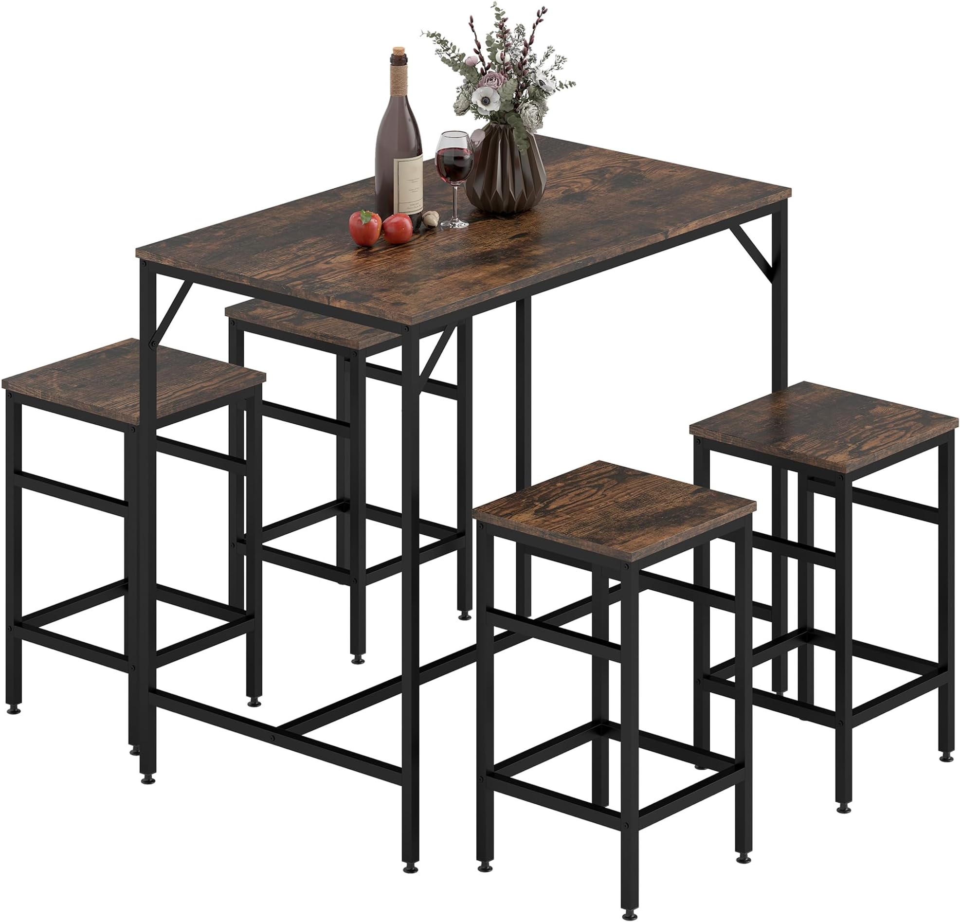 HOMCOM 5-Piece Breakfast Bar Table and Stools Set, Kitchen Bar Table Set with High Table and 4 Stools, Space Saving Compact Dining Furniture for Small Spaces, Rustic Brown