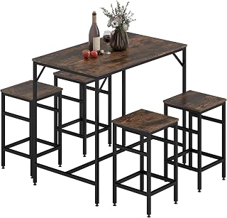 HOMCOM Juego de Mesa y Taburetes de Bar, Mesa Alta de Cocina con 4 Taburetes Industrial, con Reposapiés, Ahorro de Espacio, para Espacios Reducidos, Comedor, Salón, Marrón Rústico