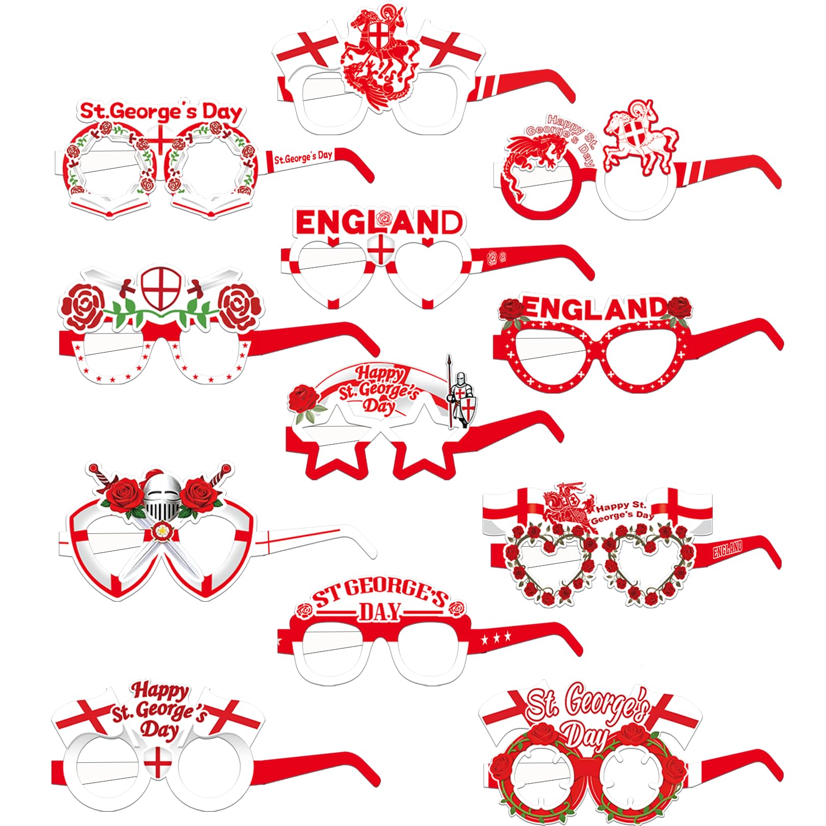 Flankor 12Pcs St Georges Day Party Glasses, England National Day Party Paper Eyeglasses for St. George's Day Accessories Photo Booth Props