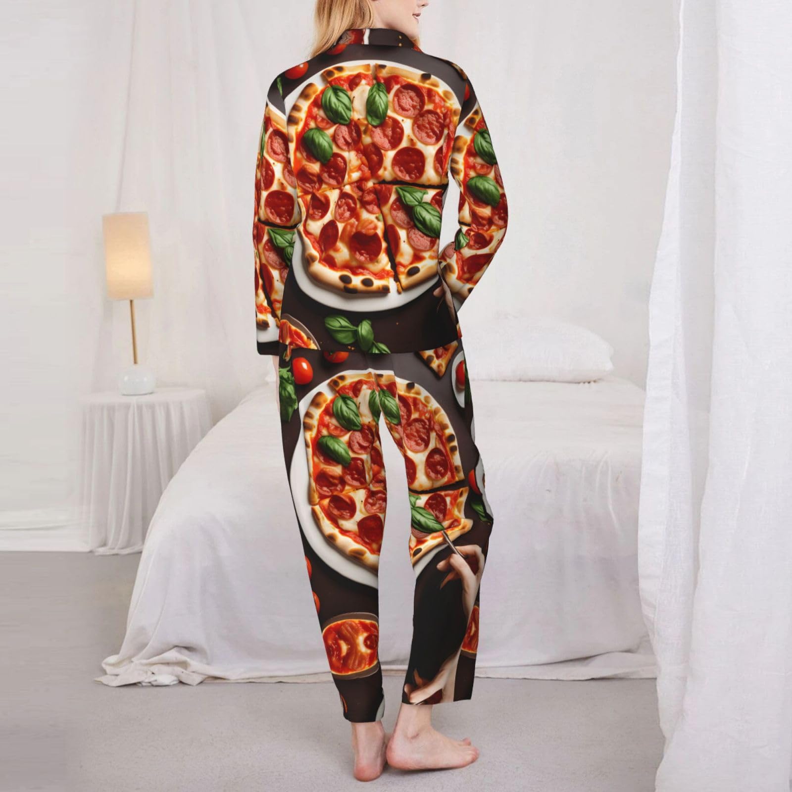Pigiama da donna a maniche lunghe con stampa di pizza, morbido set da notte, comodo regalo