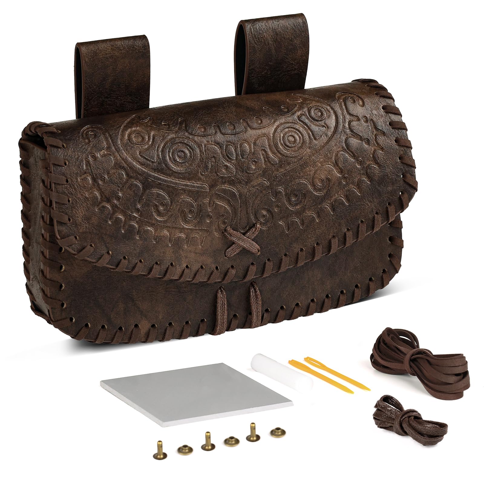 HiiFeuer Viking Craft Kits Belt Bag, Vintage DIY Kits Medieval Faux Leather Side Pack, Portable Belt Pouch for Ren Faire (Brown B)