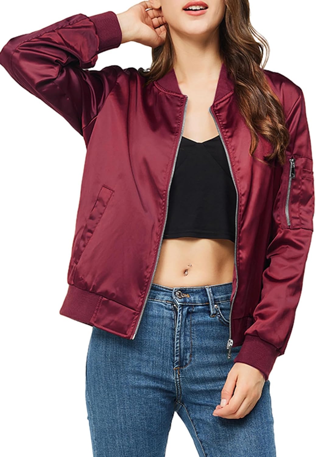 Satin Bomber Jacket Women Casual Fall Varsity Jackets Zip Up Outerwear Windbreaker with Pockets - Image 6