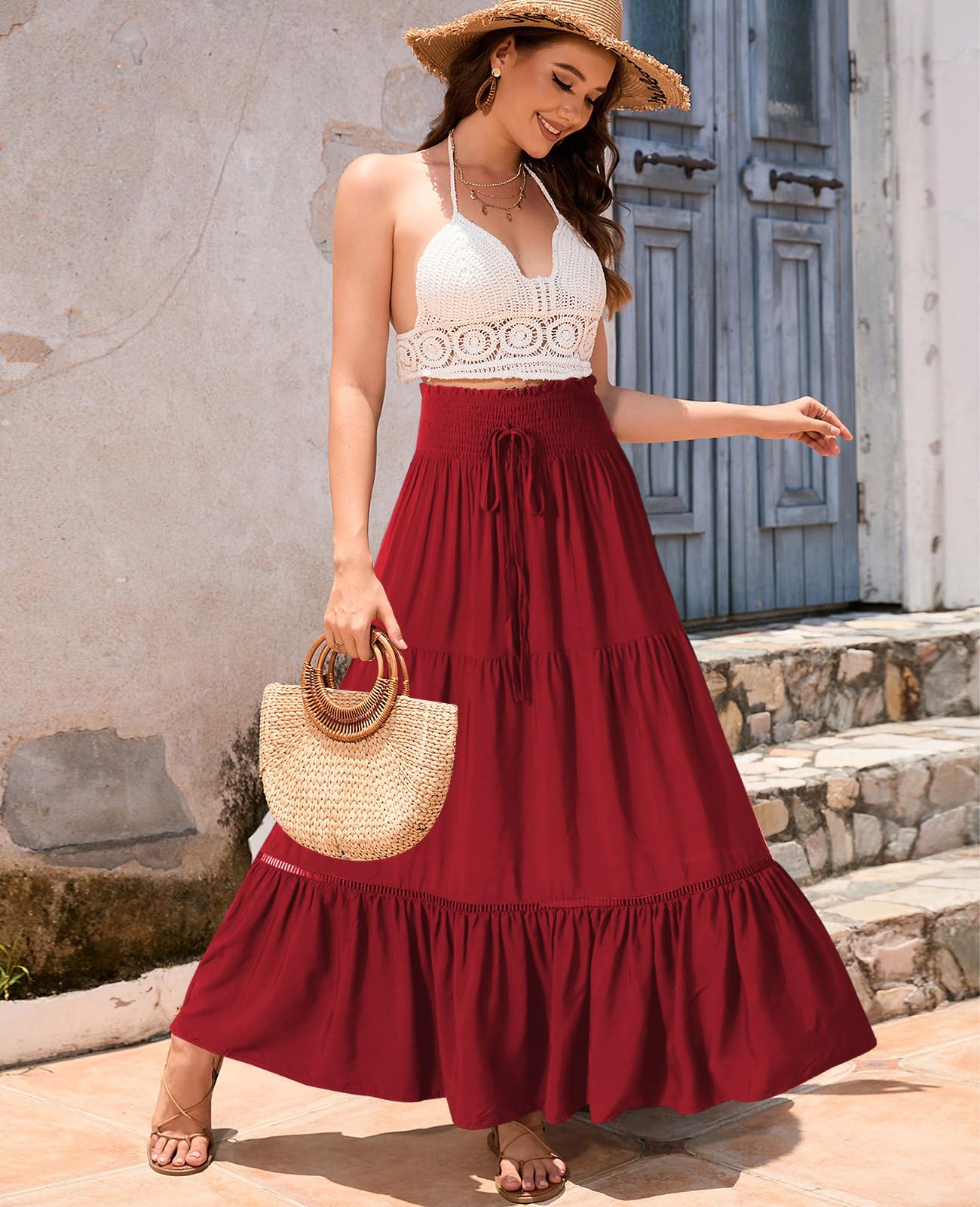 Genfien Femme Jupe 2 en 1 Bohème Tour de Taille Elastique Longue été Maxi Tube Taille Haute A-Line Décontractée Vacances L'été Plage Vintage