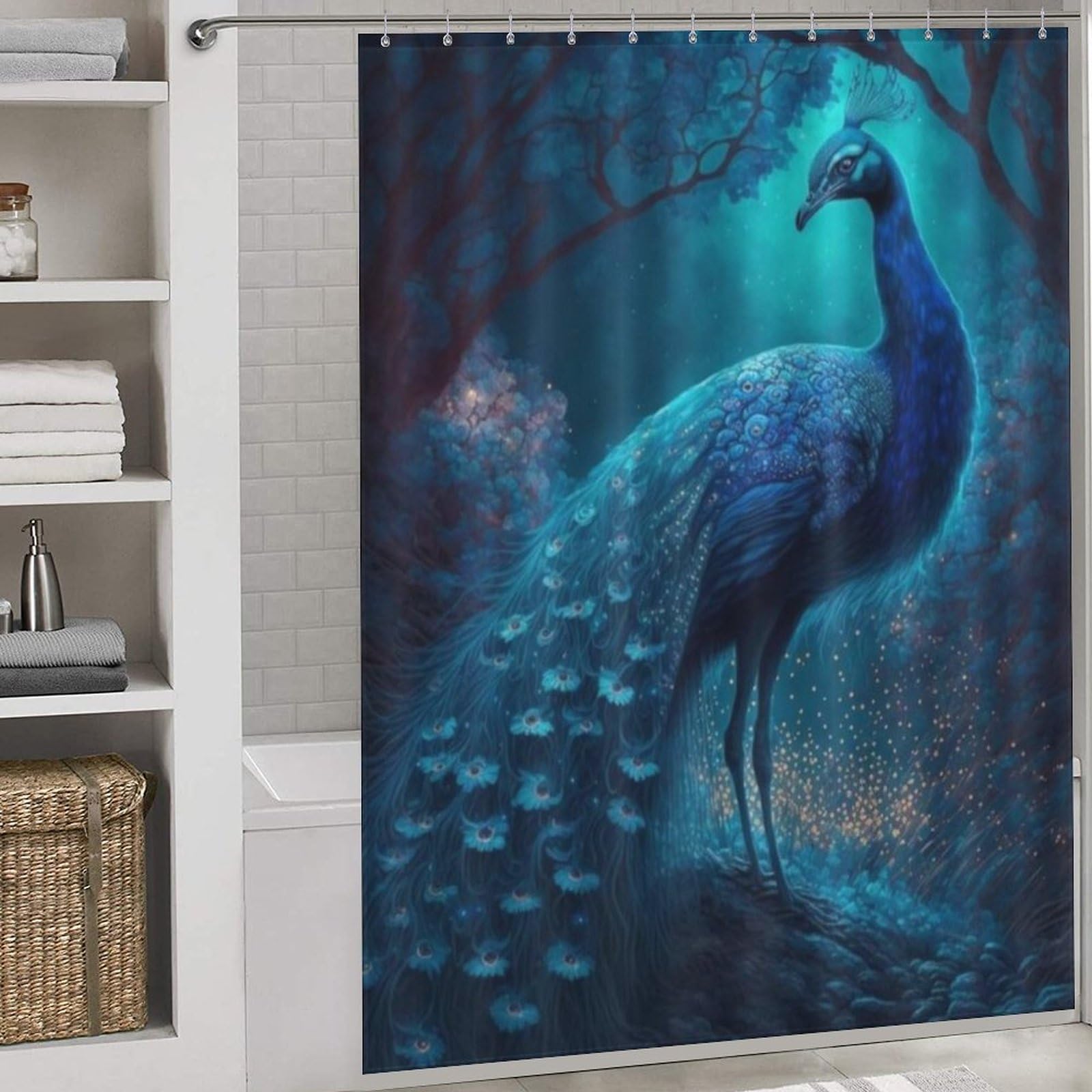 Rideau de douche paon imperméable et séchage rapide en tissu lavable 168x183 cm