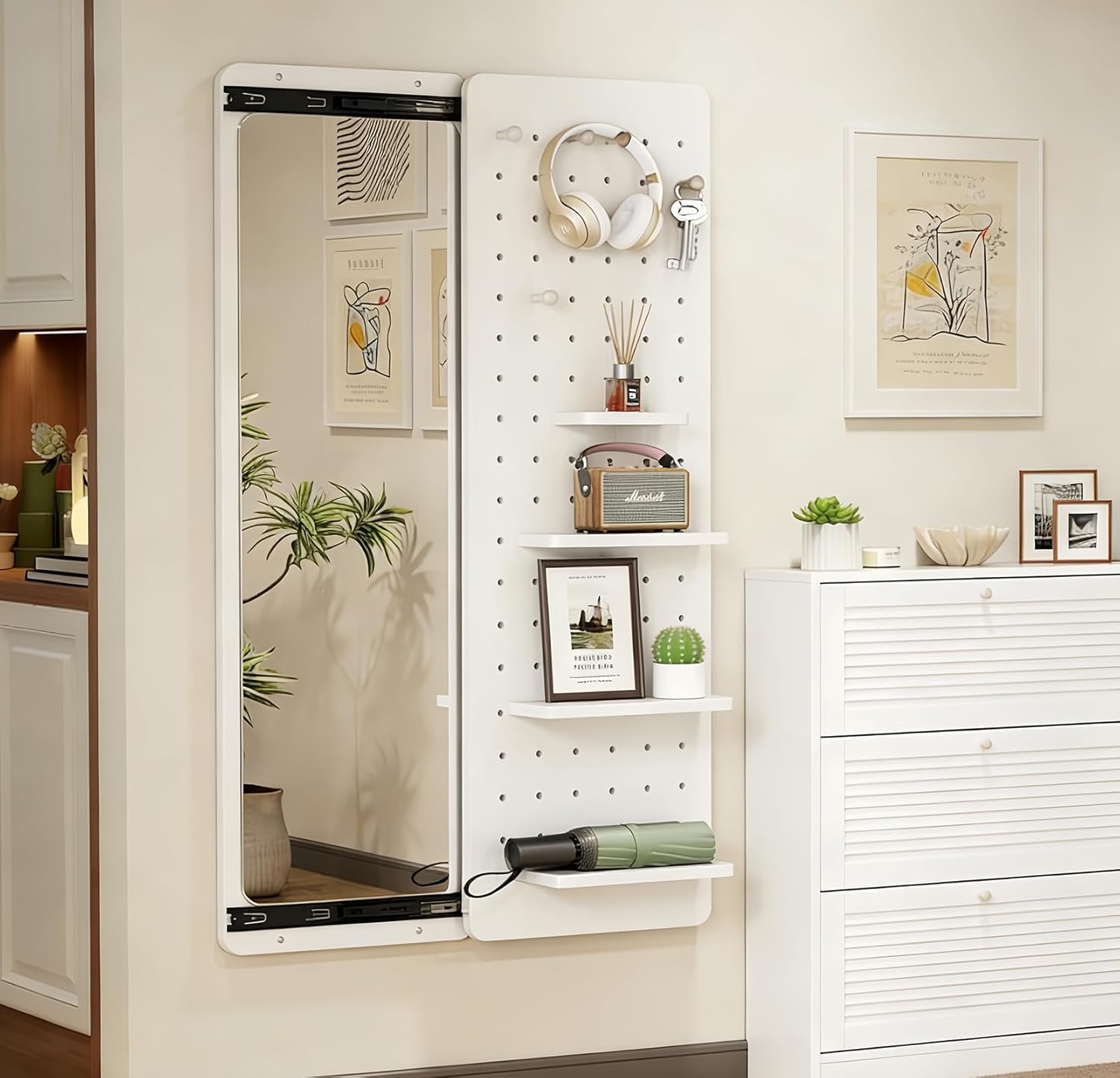 47.6” Length Wall Mounted Mirror with Shelf, Entryway Mirror with Hooks & Multifunctional Design Panel Pegboard, for Bedroom, Living Room, Dressing Room (White)