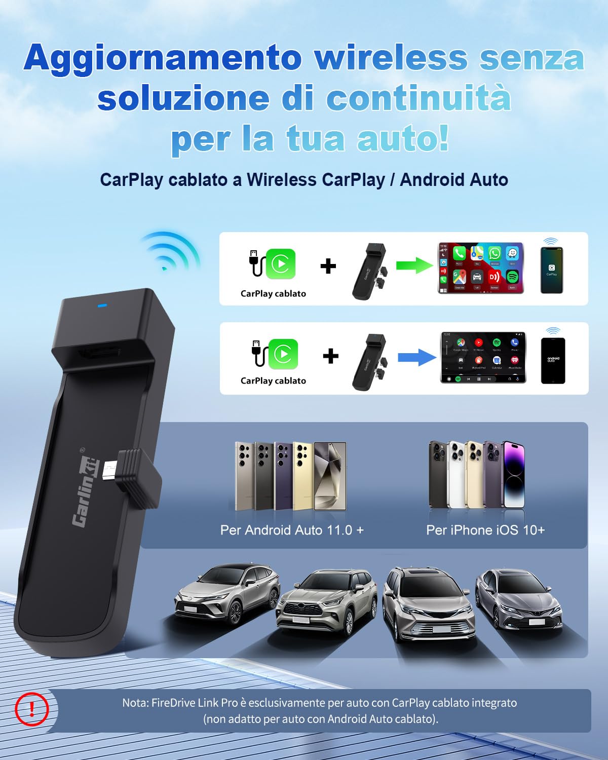 Carlinkit CarPlay e Android Auto, FireDrive Link Pro con HDMI per Fire TV Stick, dongle wireless e convertitore TV auto per CarPlay con cavo OEM, Plug