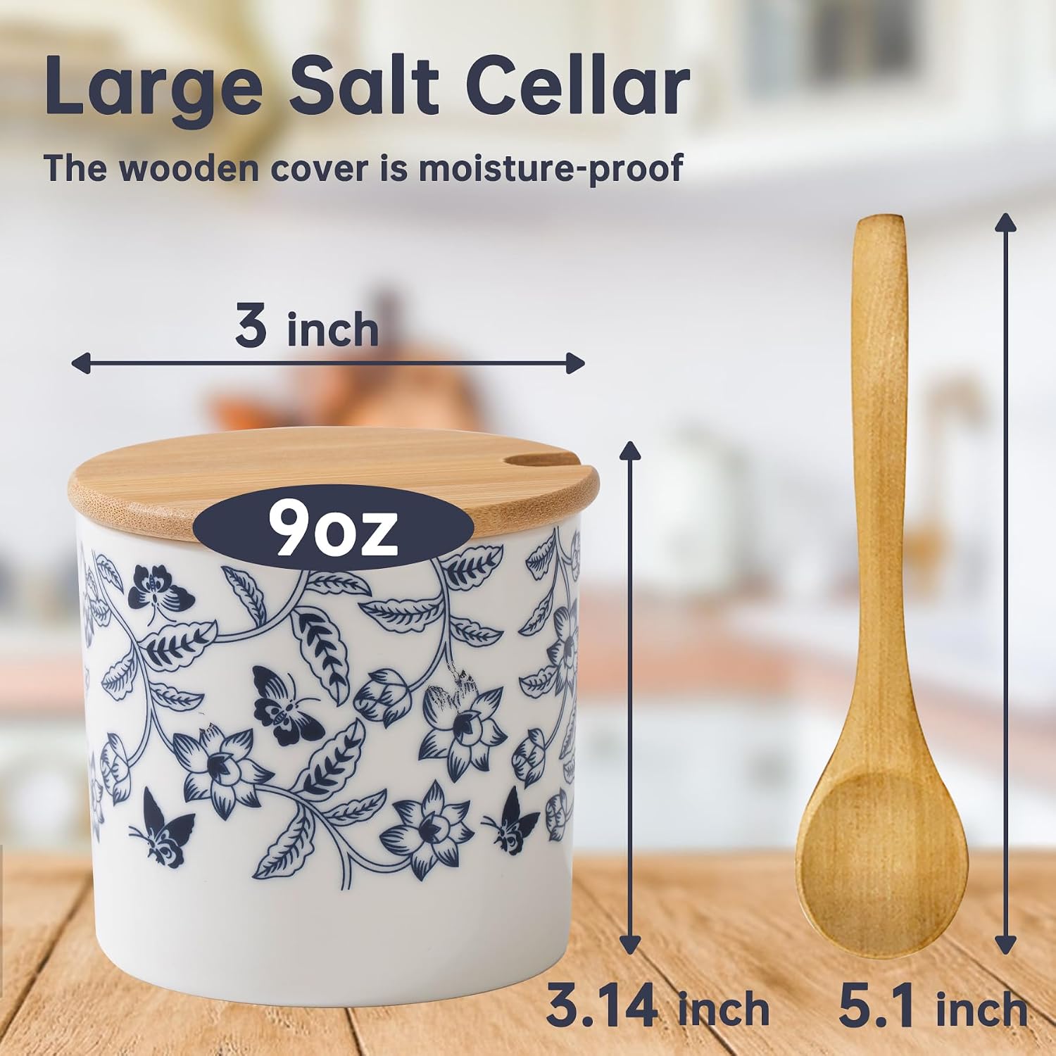 Salt Cellar with Lid and Spoon, 9oz Salt Containers for Countertop, Moisture-Proof Salt Box, Beautiful Salt Holder