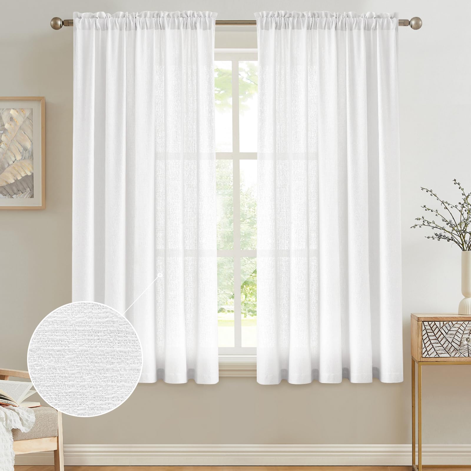 Anpark White Semi Sheer Curtains Linen Rod Pocket Curtains Tiebacks Included Semi Sheers, Privacy & Serenity for Bedroom, Soft Light for Relaxation - 52" W x 63" L, 2 Panels