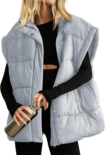Songling Womens Oversized Puffer Vest Stand Collar Full Zip Sleeveless Bubble Puffer Vest Quilted Padded Warm Coat Outwear